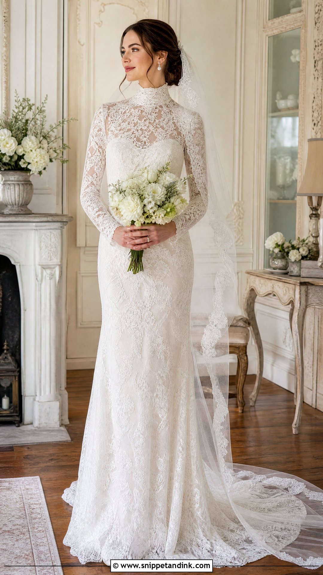 High Neck Long Sleeve Chantilly Lace Dress - Snippet and Ink - 25 High Neck Long Sleeve Wedding Dress Ideas