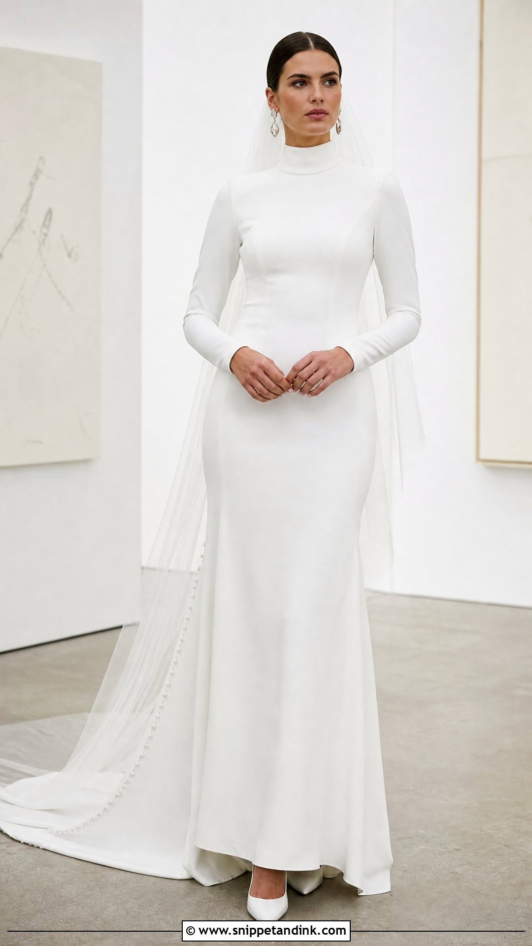 High Neck Long Sleeve Crepe Sheath Dress - Snippet and Ink - 25 High Neck Long Sleeve Wedding Dress Ideas