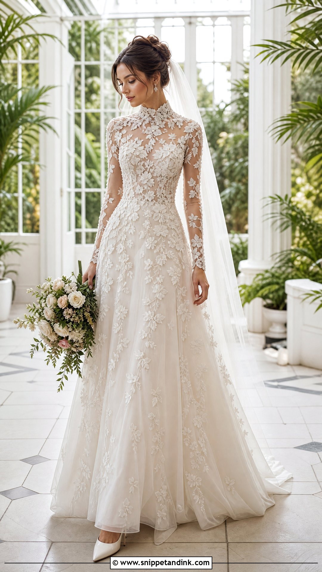 High Neck Long Sleeve Floral Applique Dress - Snippet and Ink - 25 High Neck Long Sleeve Wedding Dress Ideas