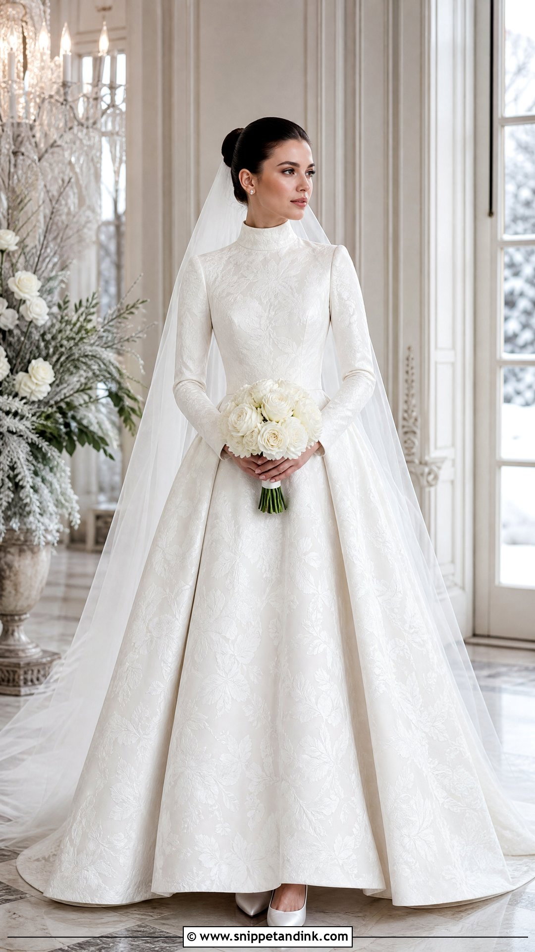 High Neck Long Sleeve Jacquard Dress - Snippet and Ink - 25 High Neck Long Sleeve Wedding Dress Ideas