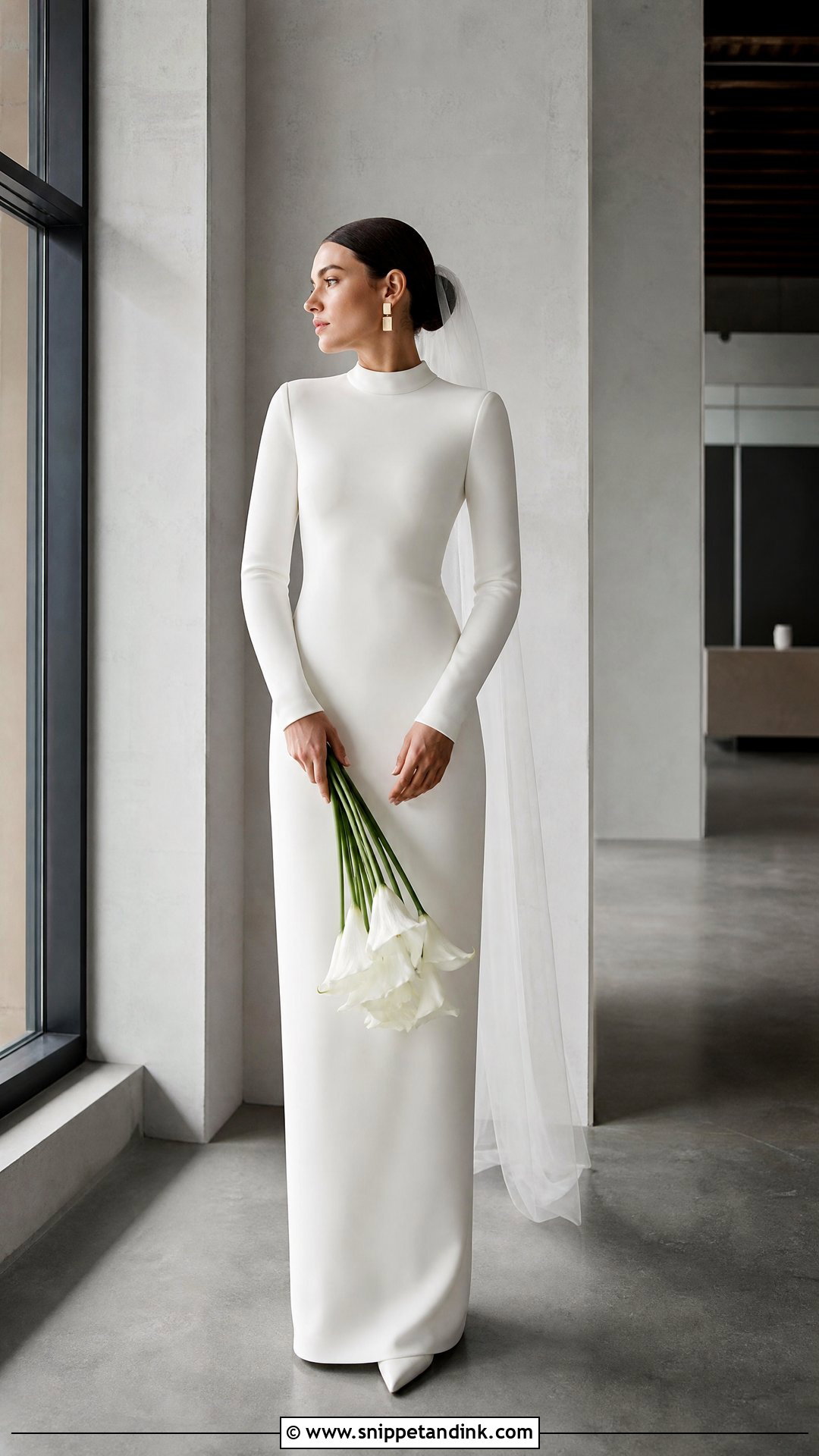 High Neck Long Sleeve Minimalist Column Dress - Snippet and Ink - 25 High Neck Long Sleeve Wedding Dress Ideas
