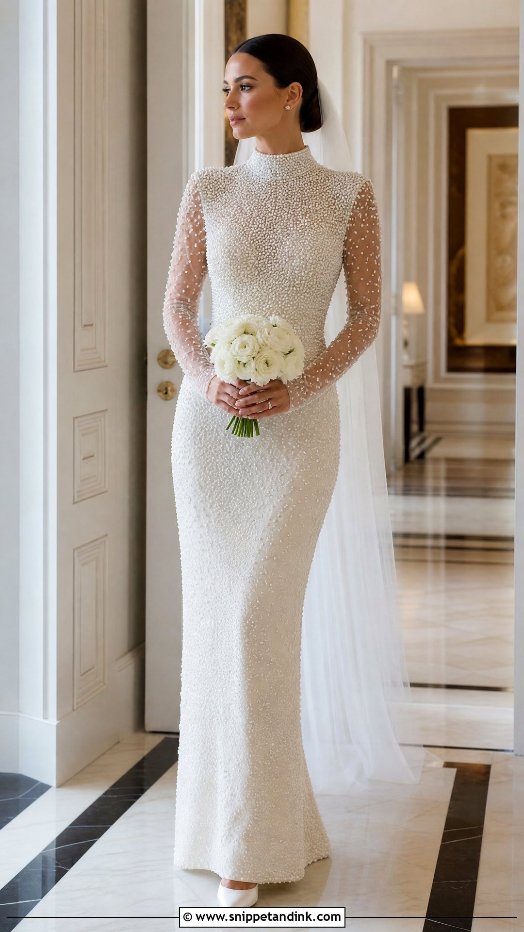 High Neck Long Sleeve Pearl Beaded Dress - Snippet and Ink - 25 High Neck Long Sleeve Wedding Dress Ideas