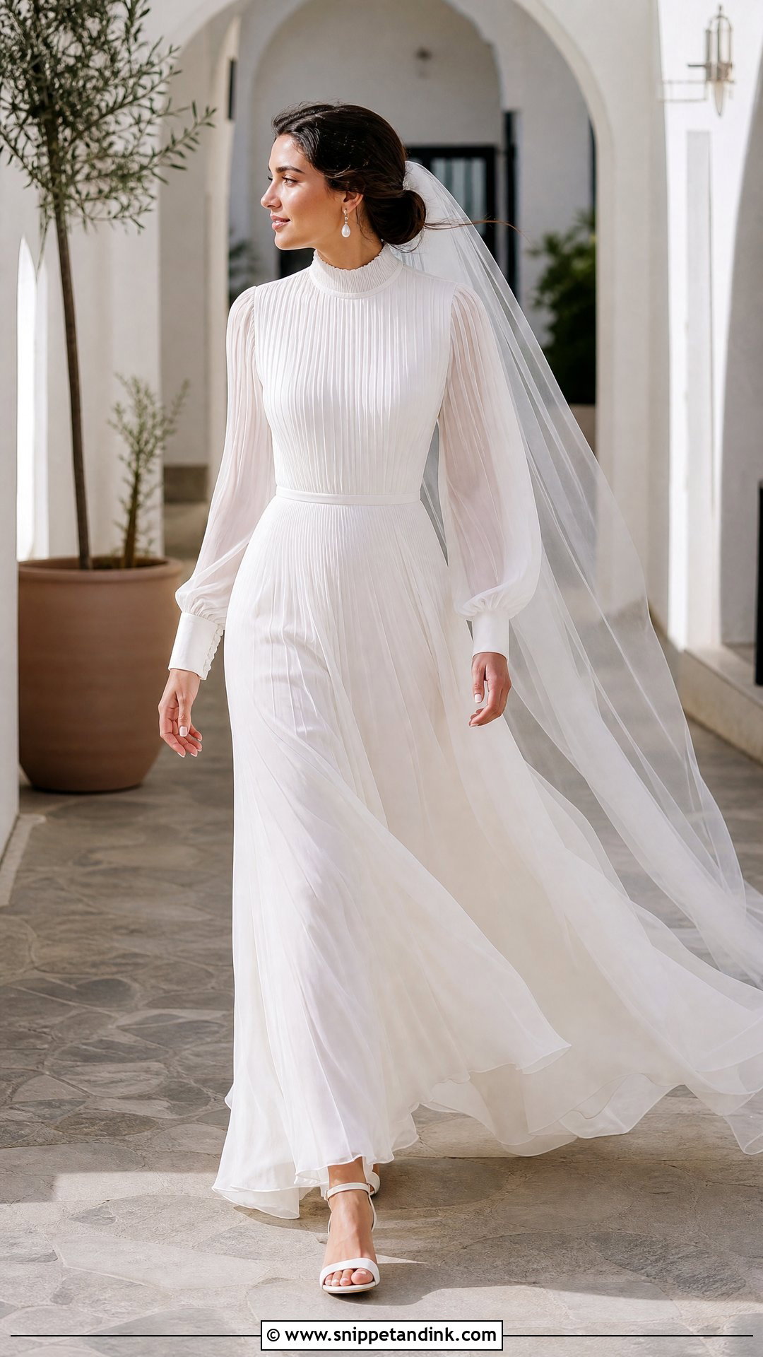 High Neck Long Sleeve Pleated Chiffon Dress - Snippet and Ink - 25 High Neck Long Sleeve Wedding Dress Ideas