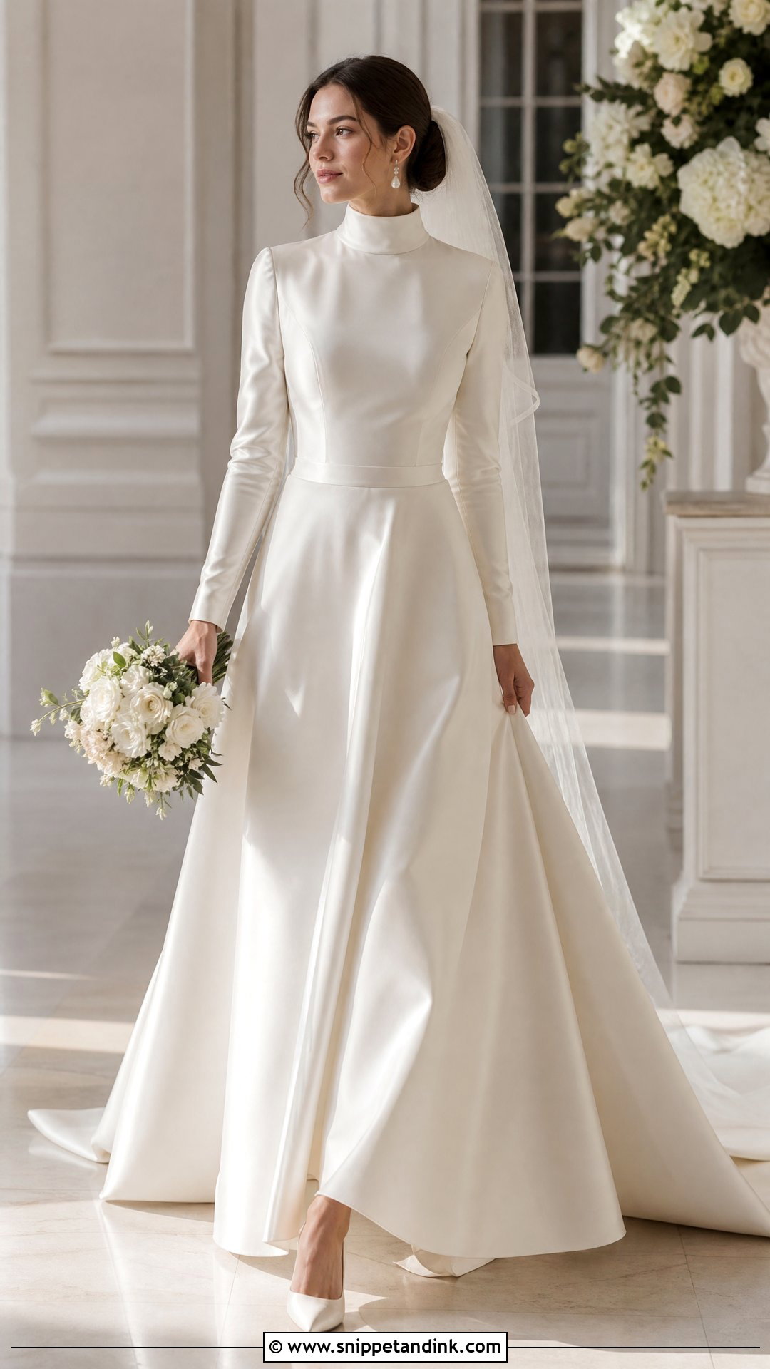 High Neck Long Sleeve Satin A Line Dress - Snippet and Ink - 25 High Neck Long Sleeve Wedding Dress Ideas