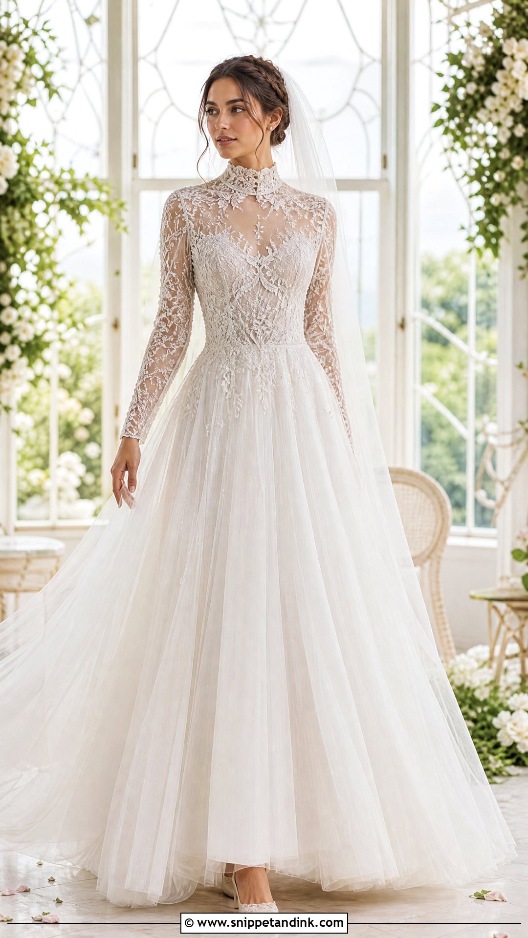 High Neck Long Sleeve Tulle A Line Dress - Snippet and Ink - 25 High Neck Long Sleeve Wedding Dress Ideas