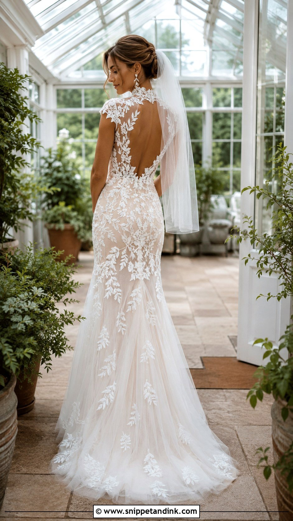 High Neck Low Back Botanical Lace Wedding Dress - Snippet and Ink - 20 High Neck Low Back Wedding Dress Ideas