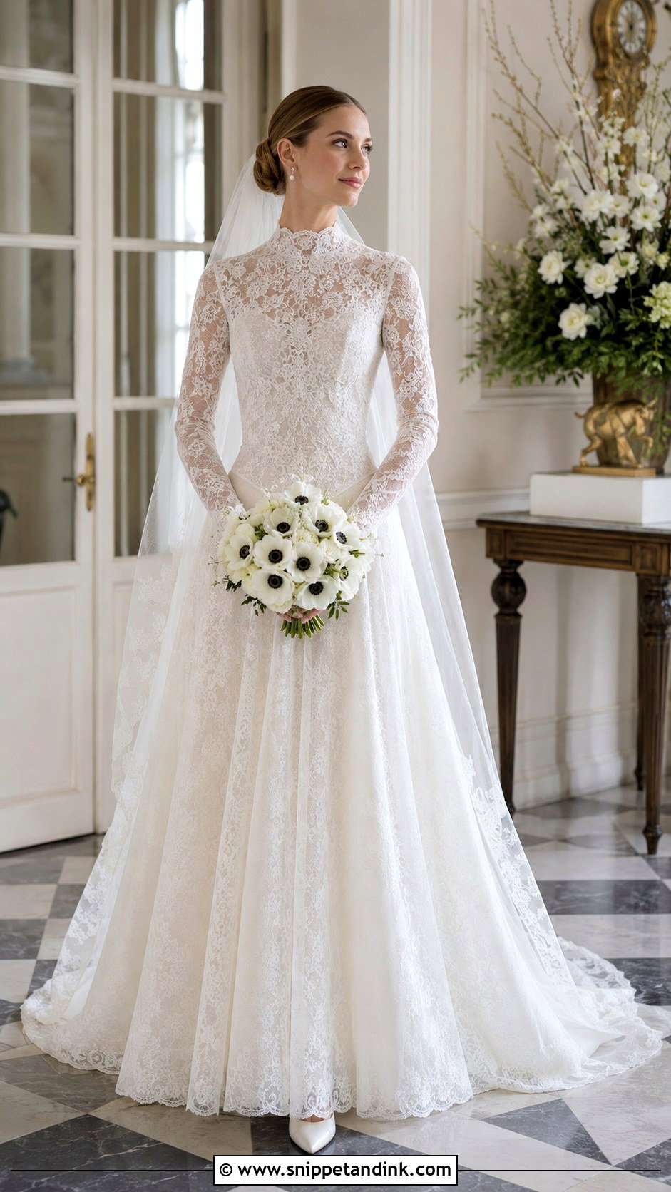 High Neck Low Waist Lace Dress With Pearl Earrings - Snippet and Ink - 20 Low Waist Wedding Dresses