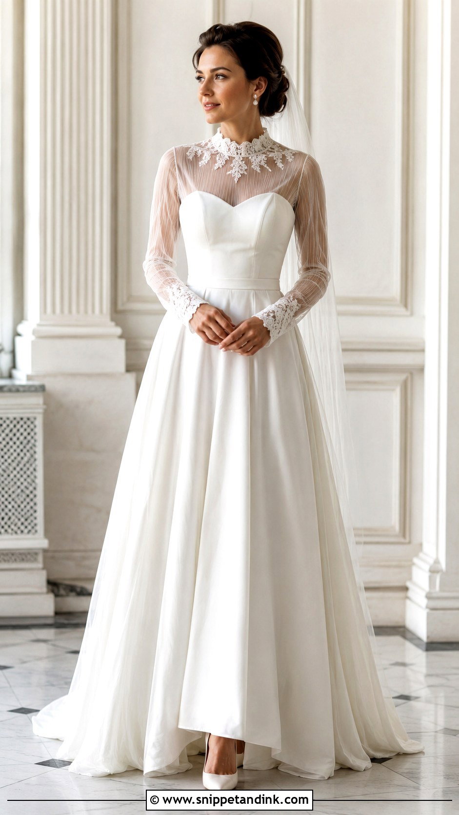 High Neck Mesh Sleeve Wedding Dress - Snippet and Ink - 20 Mesh Sleeve Wedding Dress Ideas