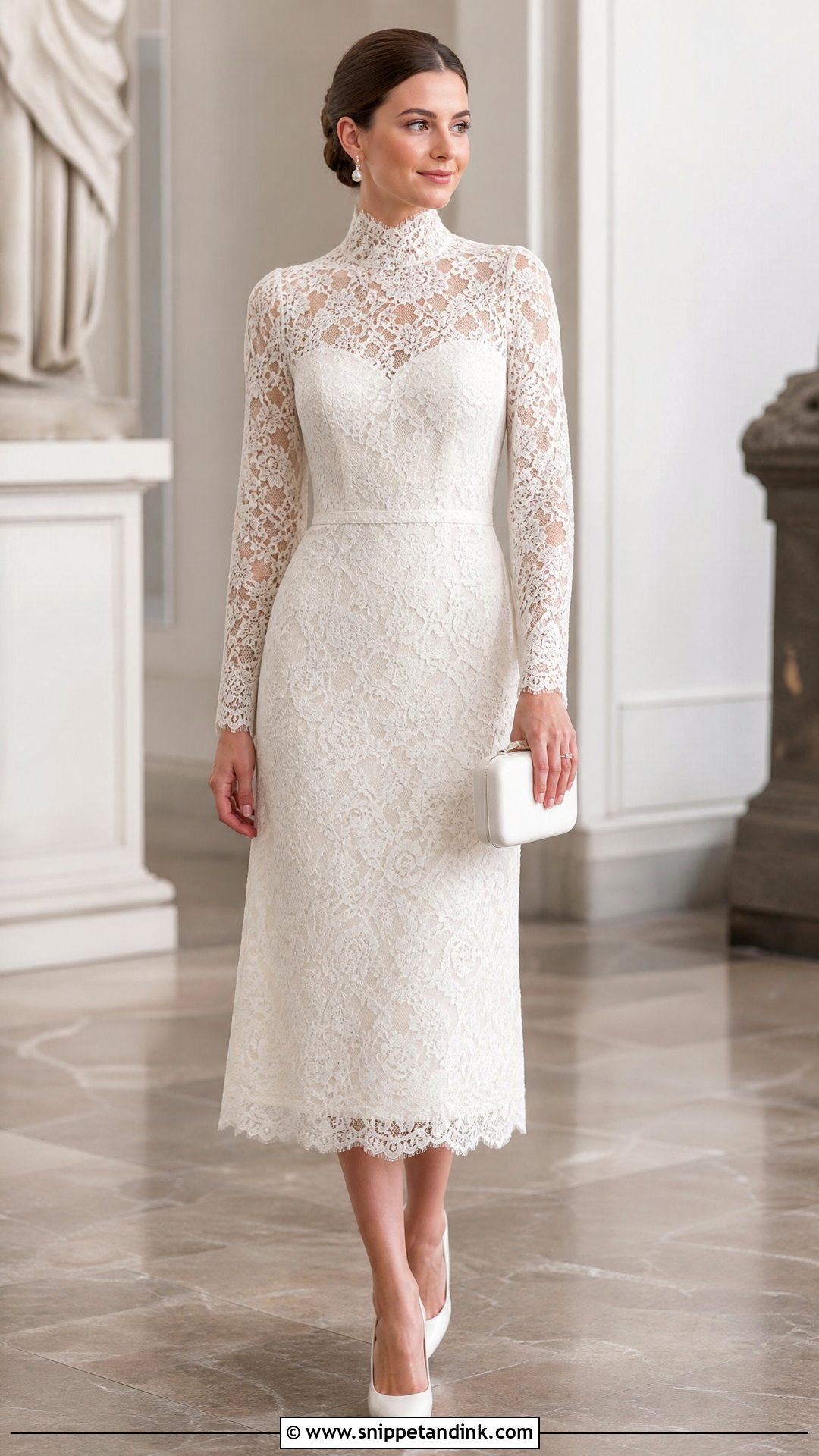 High Neck Midi Bridal Dress With Pearl Earrings - Snippet and Ink - 25 Midi Bridal Dress Ideas