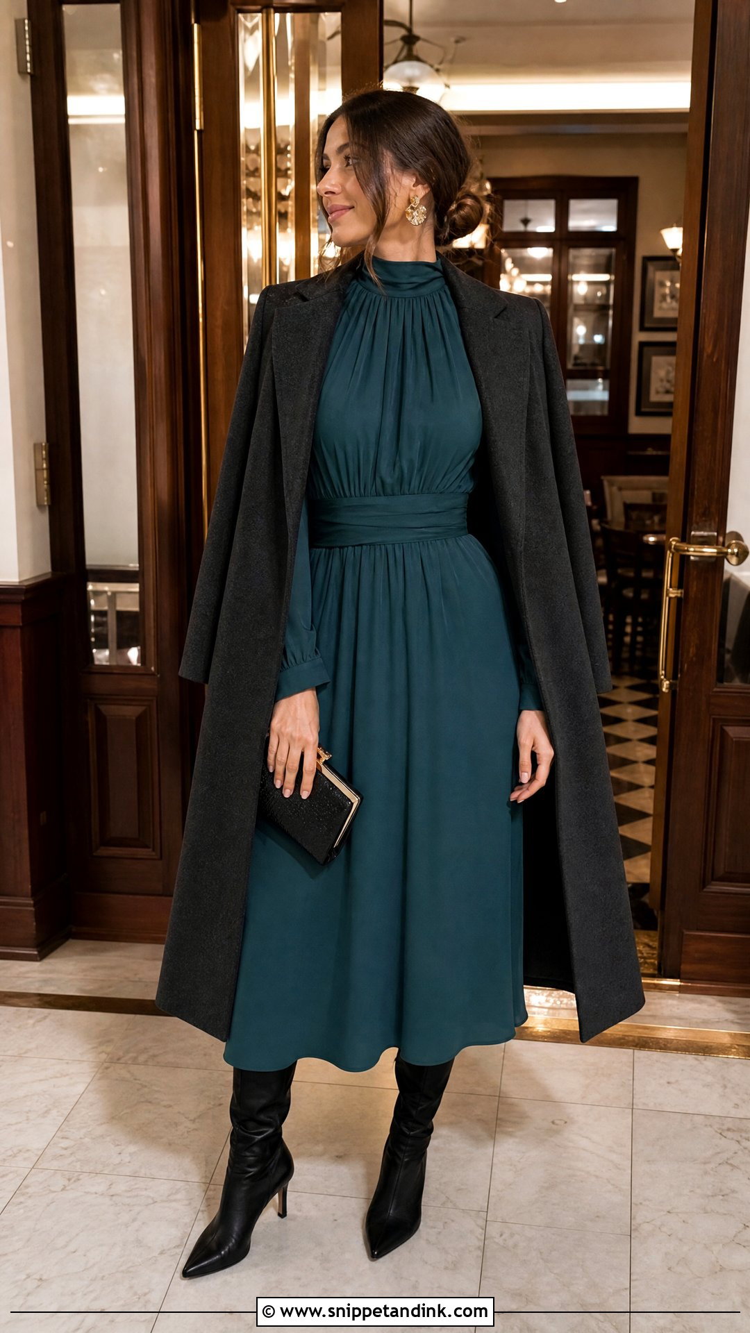 High Neck Midi Dress Winter Rehearsal Dinner Outfit - Snippet and Ink - 25 Winter Rehearsal Dinner Outfit Ideas