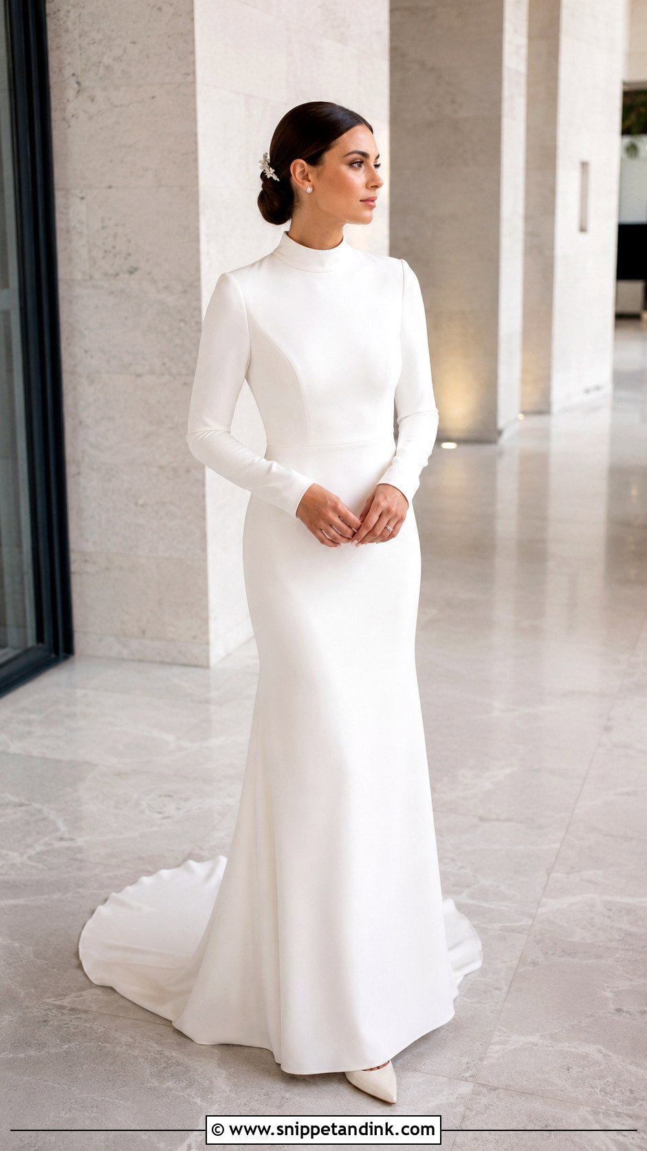High Neck Minimal Long Sleeve Wedding Dress - Snippet and Ink - 20 Minimal Wedding Dress Long Sleeve Ideas