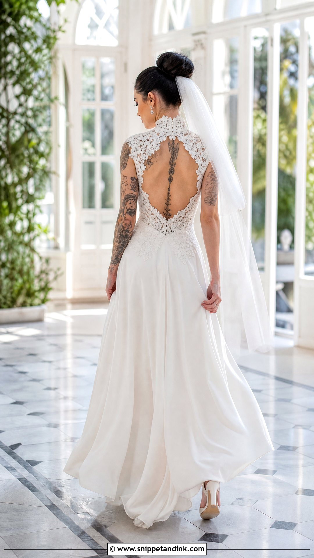 High Neck Open Back Wedding Dress - Snippet and Ink - 20 Tattooed Bride Wedding Dress Ideas