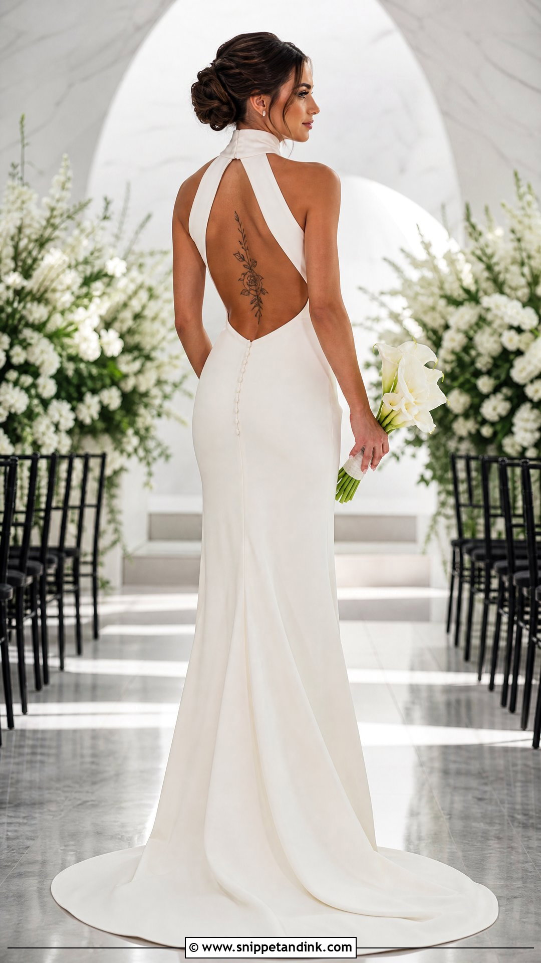 High Neck Open Back Wedding Dress With Back Tattoo - Snippet and Ink - 20 Tattoos in Wedding Dress Ideas