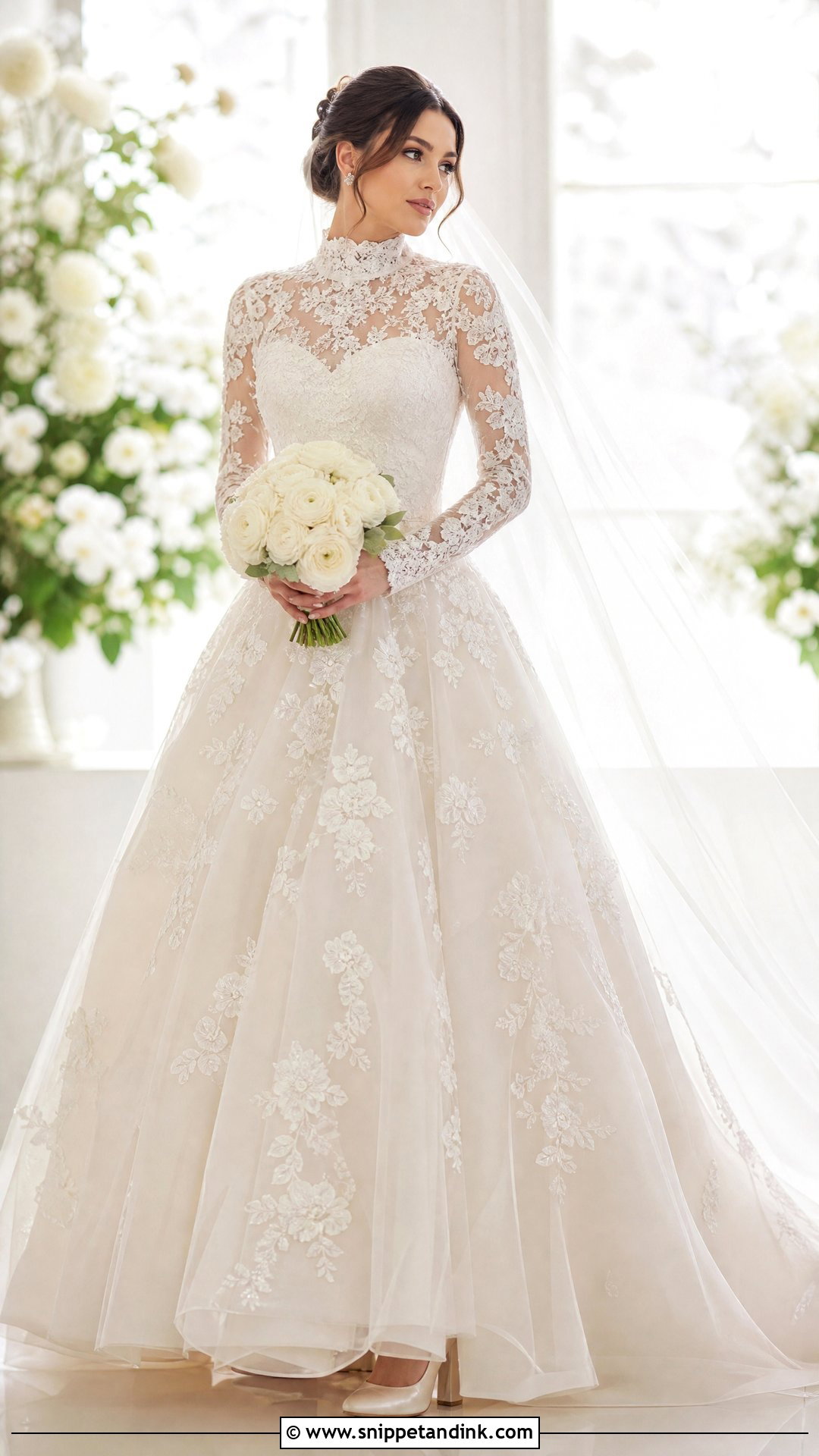High Neck Princess Wedding Dress With Lace Sleeves - Snippet and Ink - 20 Princess Wedding Dresses Long Sleeve