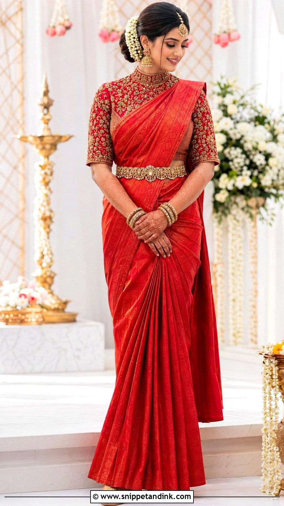 High Neck Red Bridal Blouse With Saree - Snippet and Ink - 20 Red Bridal Blouse Ideas
