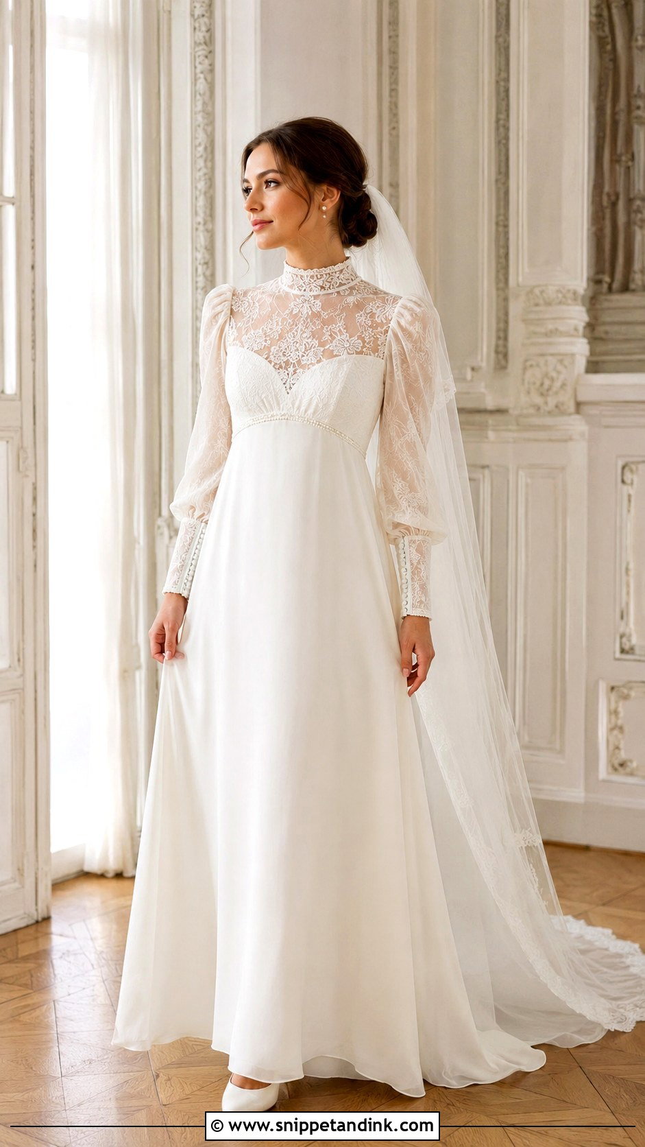 High Neck Regency Wedding Dress - Snippet and Ink - 20 Bridgerton Inspired Wedding Dresses