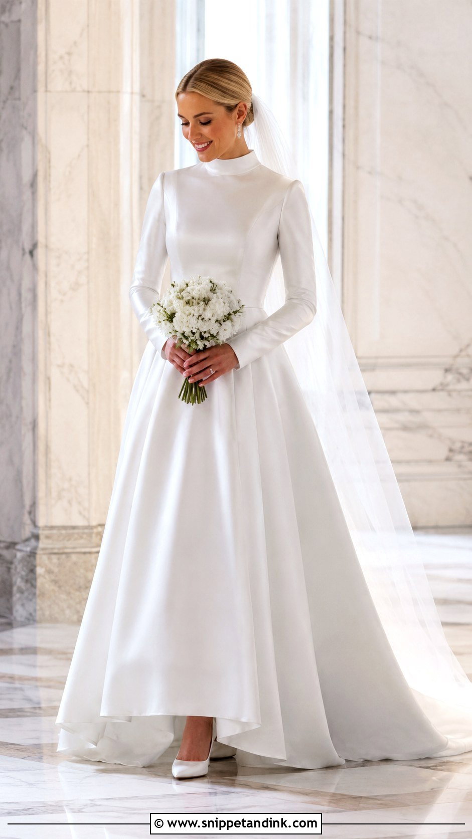 High Neck Satin A Line Long Sleeve Wedding Dress - Snippet and Ink - 20 Long Sleeve Minimalist Wedding Dress Ideas
