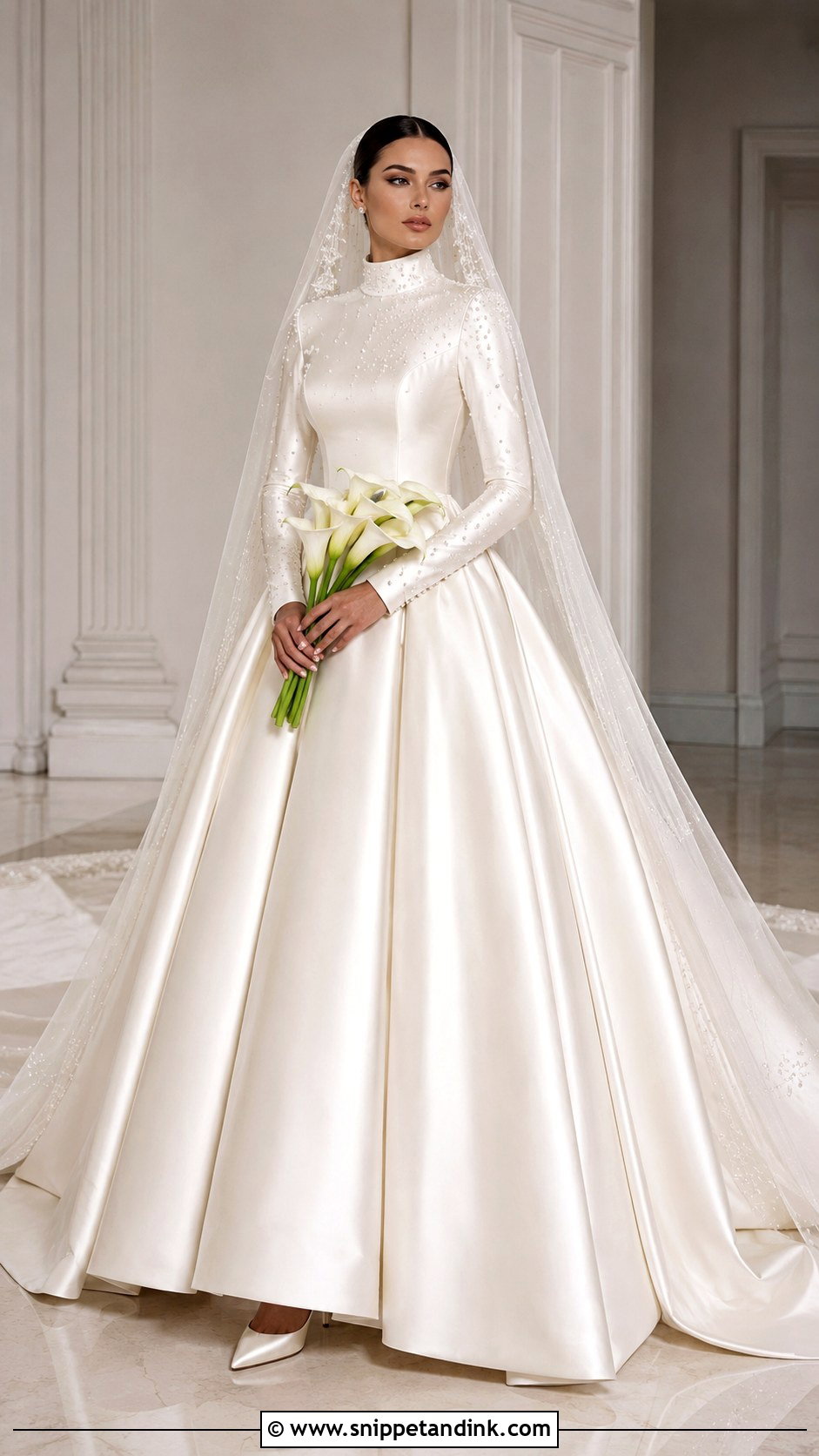 High Neck Satin Ball Gown - Snippet and Ink - 20 Modest Long Sleeve Wedding Dress Ideas