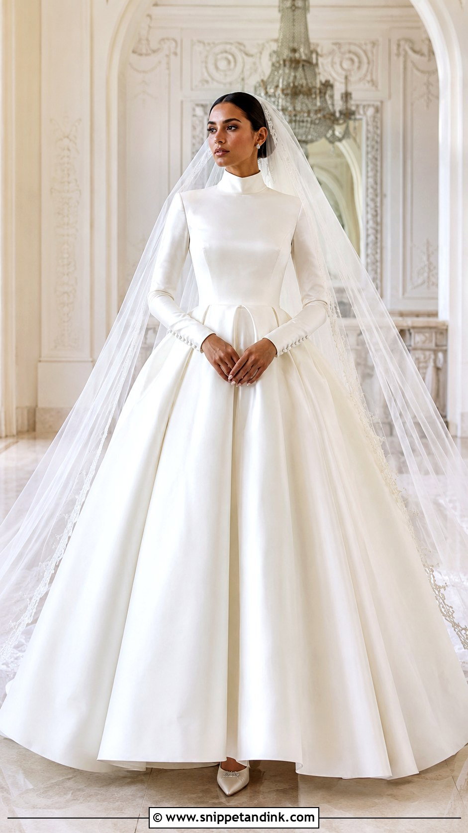 High Neck Satin Ball Gown With Sleeves - Snippet and Ink - 20 Modest Wedding Gowns with Sleeves