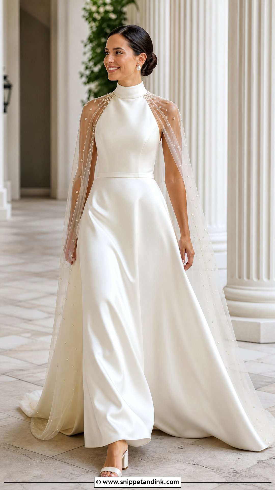 High Neck Satin Wedding Dress With Pearl Cape - Snippet and Ink - 20 Satin and Pearl Wedding Dress Ideas