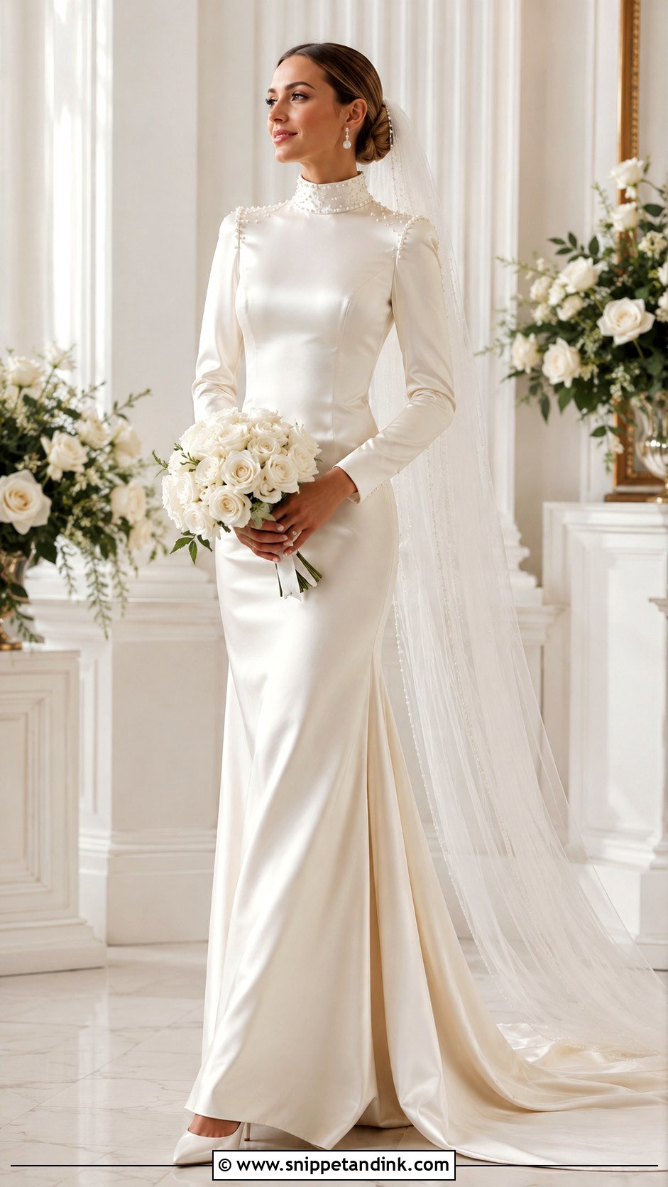 High Neck Satin Wedding Dress With Pearl Details - Snippet and Ink - 20 High Neck Satin Wedding Dress Ideas