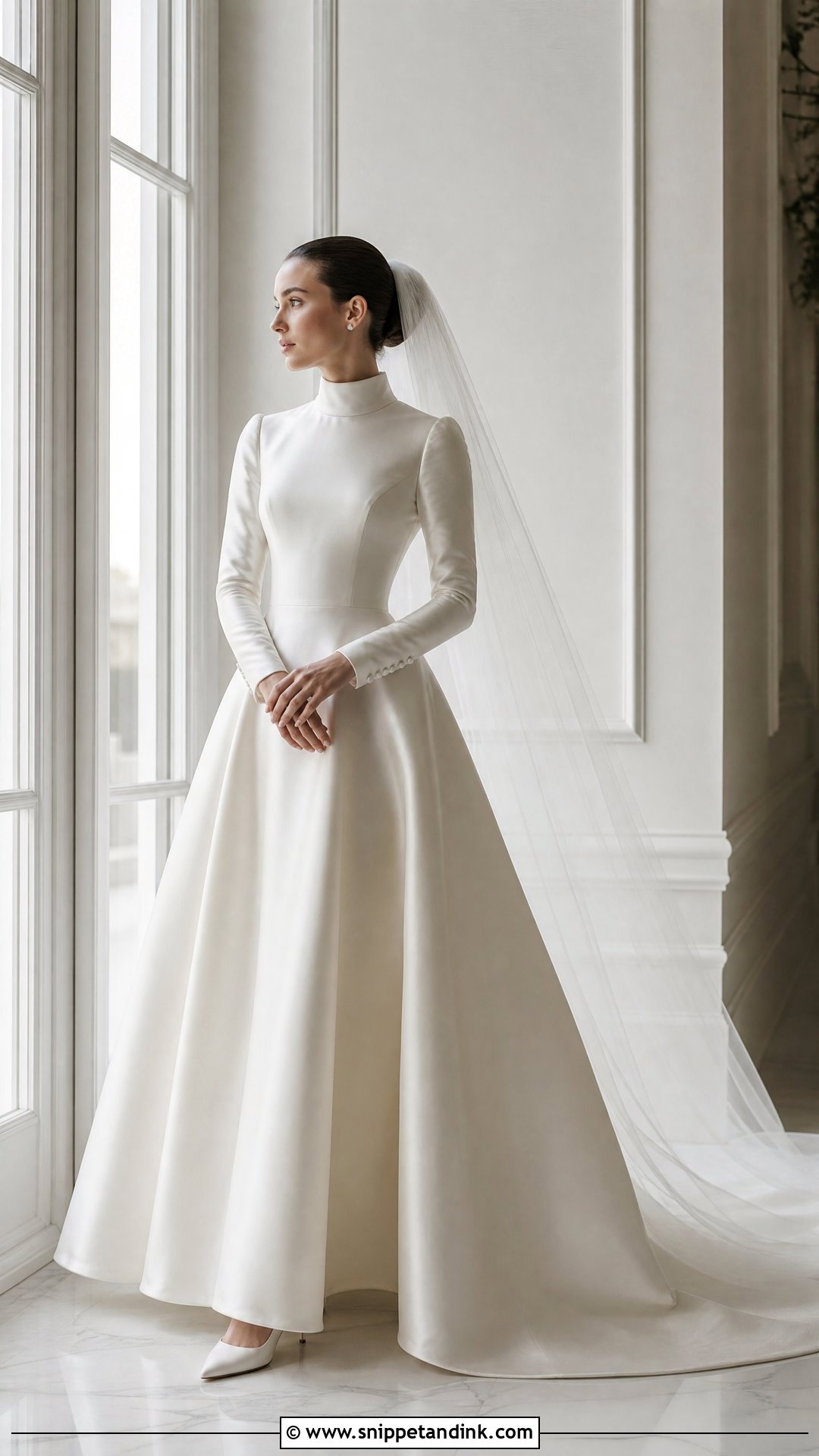 High Neck Satin Wedding Gown with Sleeves - Snippet and Ink - 20 Satin Wedding Gown with Sleeves