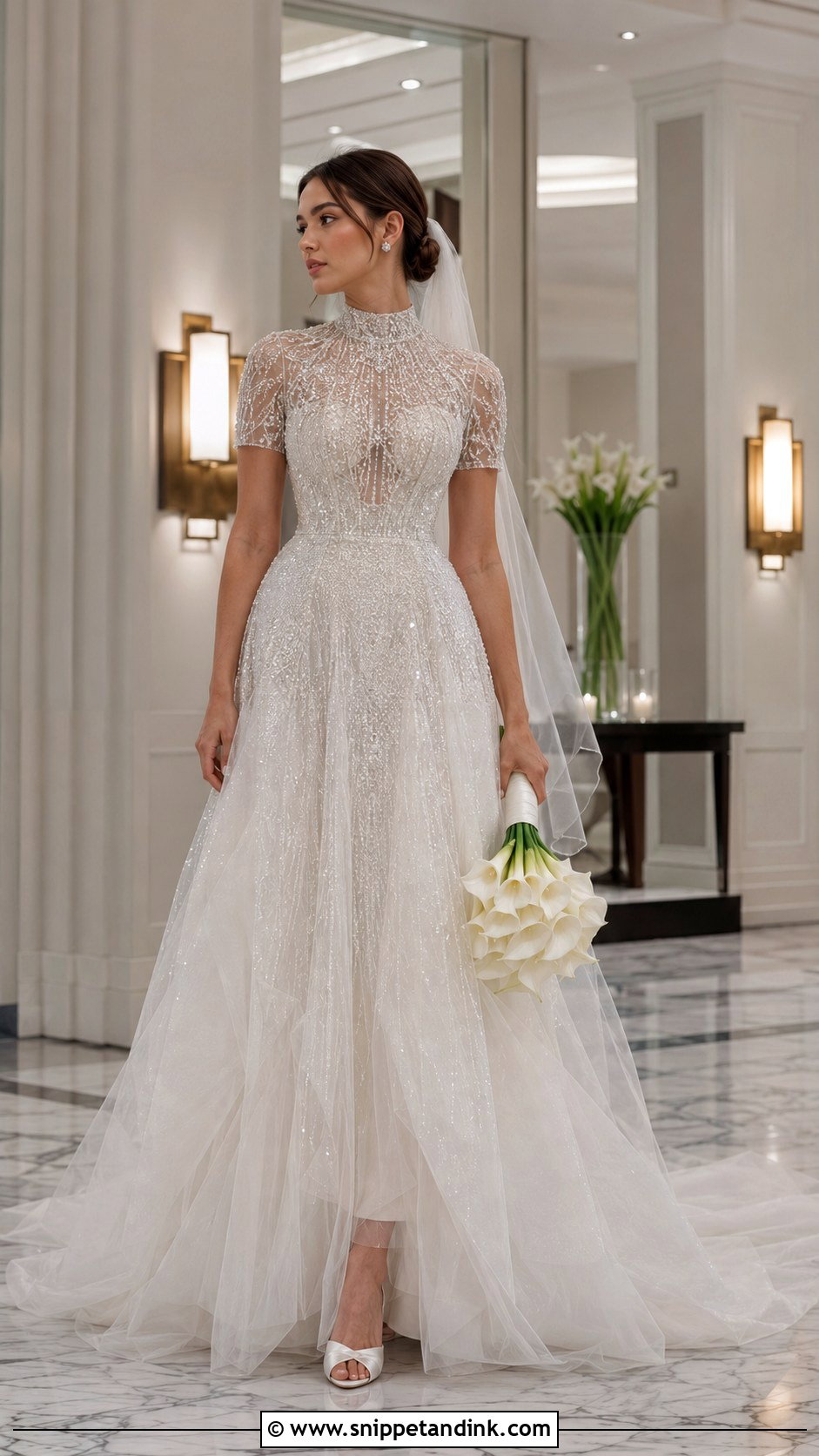 High Neck Short Sleeve Beaded Tulle Wedding Dress - Snippet and Ink - 20 High Neck Short Sleeve Wedding Dress Ideas