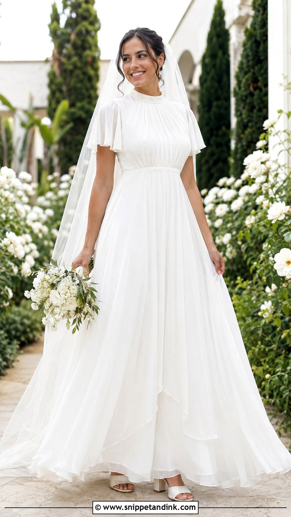 High Neck Short Sleeve Chiffon Empire Wedding Dress - Snippet and Ink - 20 High Neck Short Sleeve Wedding Dress Ideas