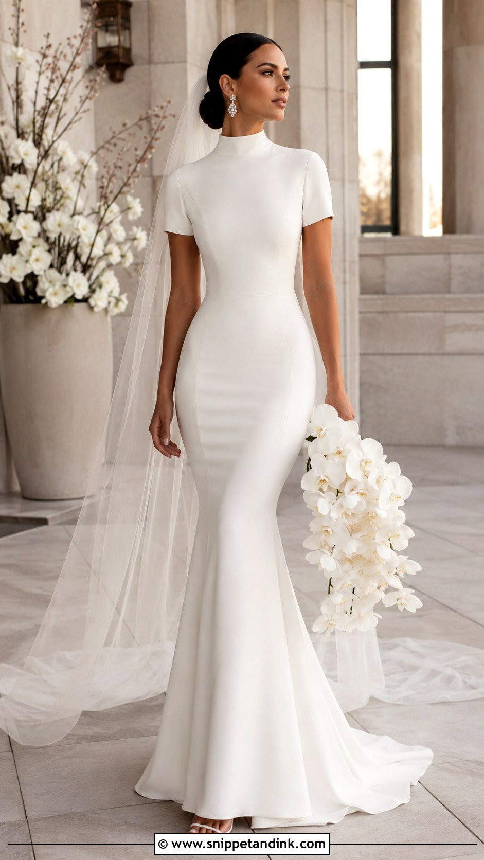 High Neck Short Sleeve Crepe Mermaid Wedding Dress - Snippet and Ink - 20 High Neck Short Sleeve Wedding Dress Ideas
