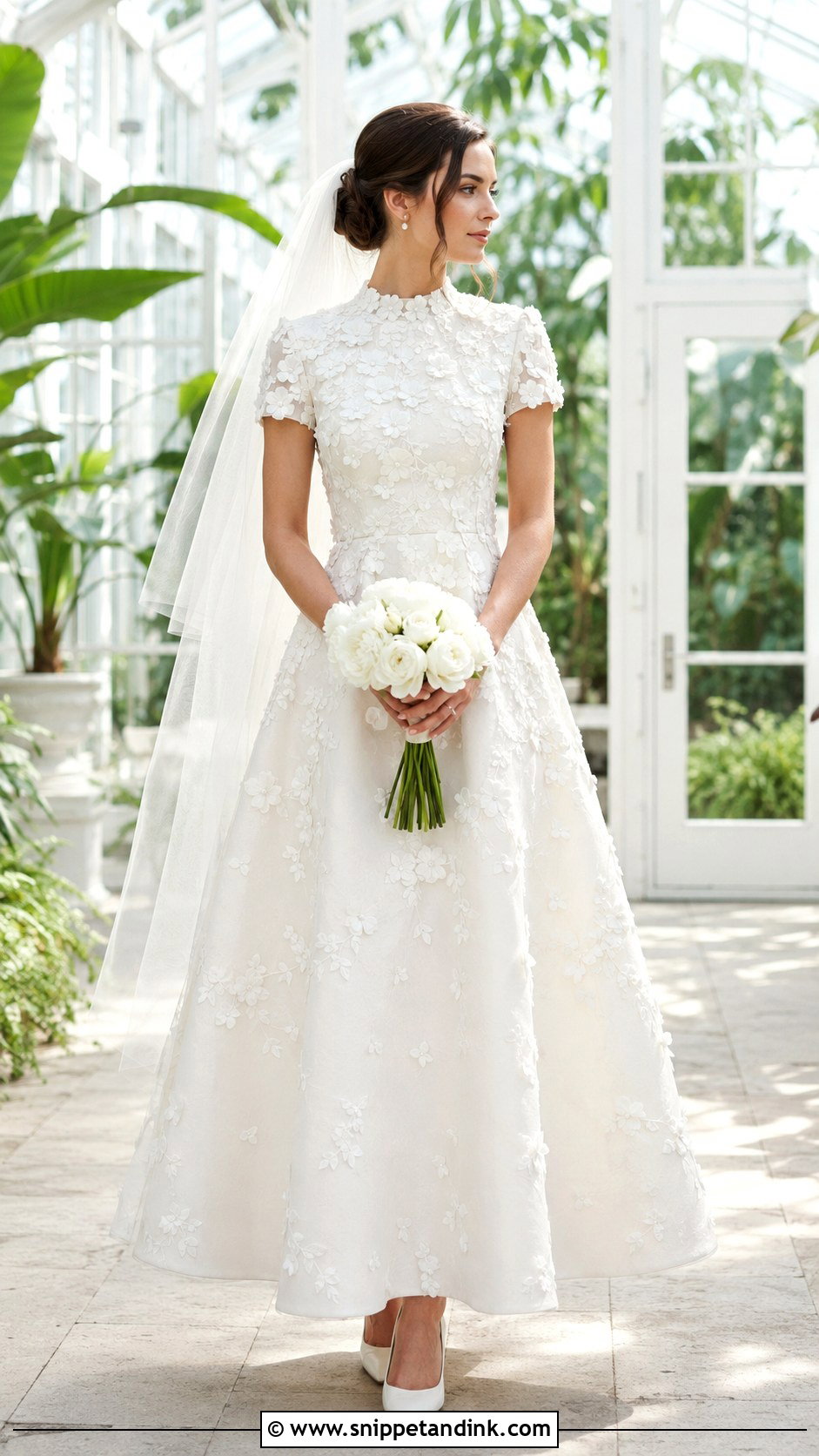 High Neck Short Sleeve Floral Applique Wedding Dress - Snippet and Ink - 20 High Neck Short Sleeve Wedding Dress Ideas