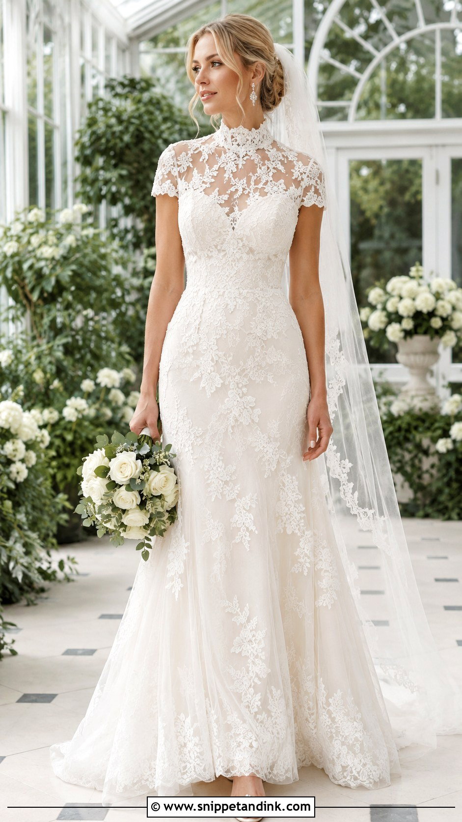High Neck Short Sleeve Illusion Lace Wedding Dress - Snippet and Ink - 20 High Neck Short Sleeve Wedding Dress Ideas