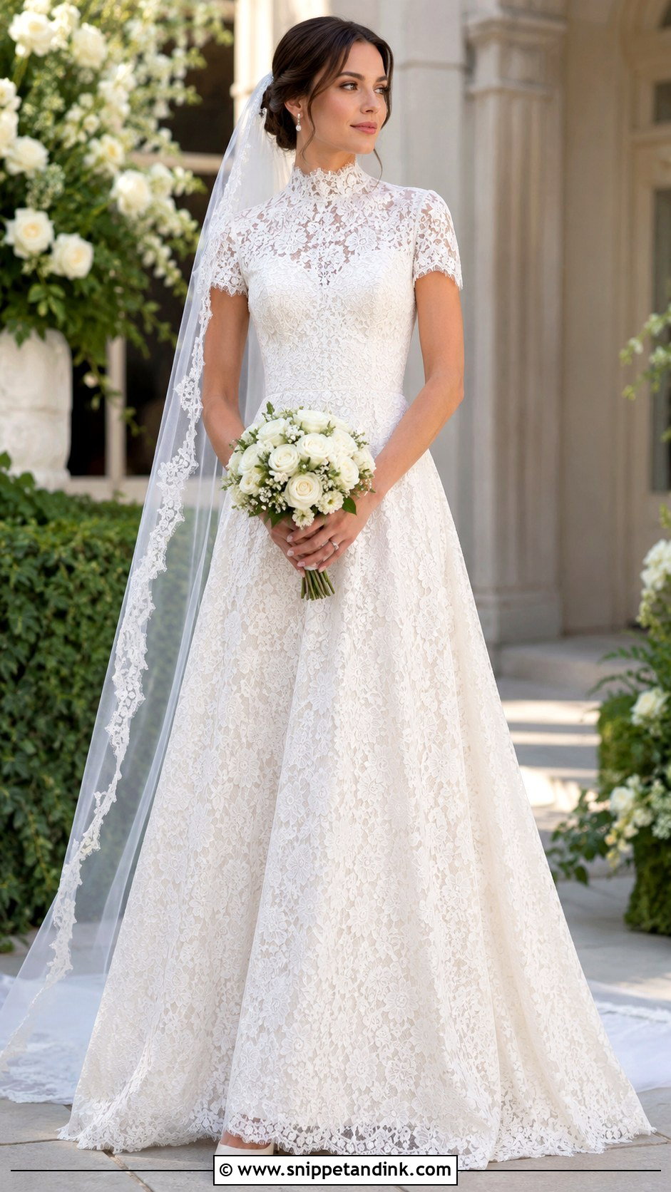 High Neck Short Sleeve Lace A Line Wedding Dress - Snippet and Ink - 20 High Neck Short Sleeve Wedding Dress Ideas