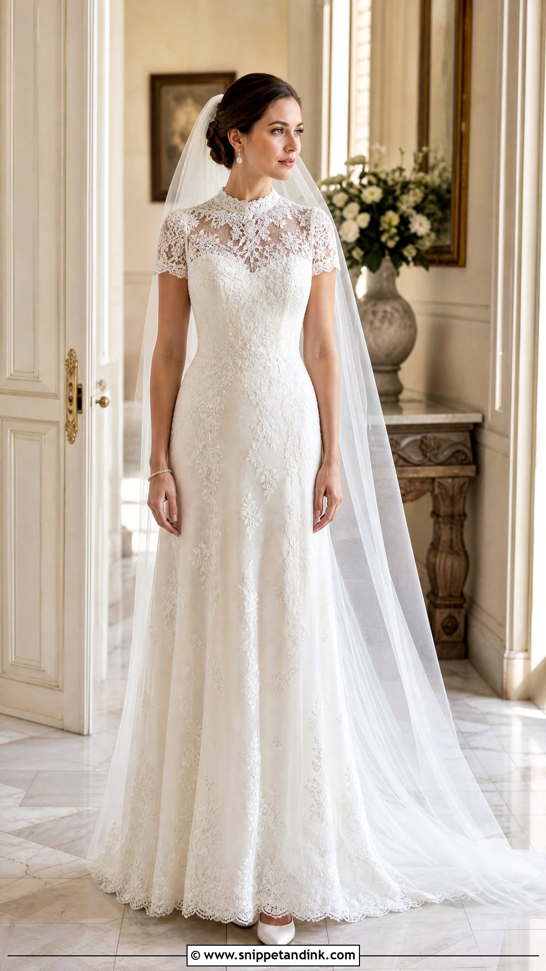 High Neck Short Sleeve Lace Wedding Dress - Snippet and Ink - 20 Short Sleeve Lace Wedding Dress Ideas