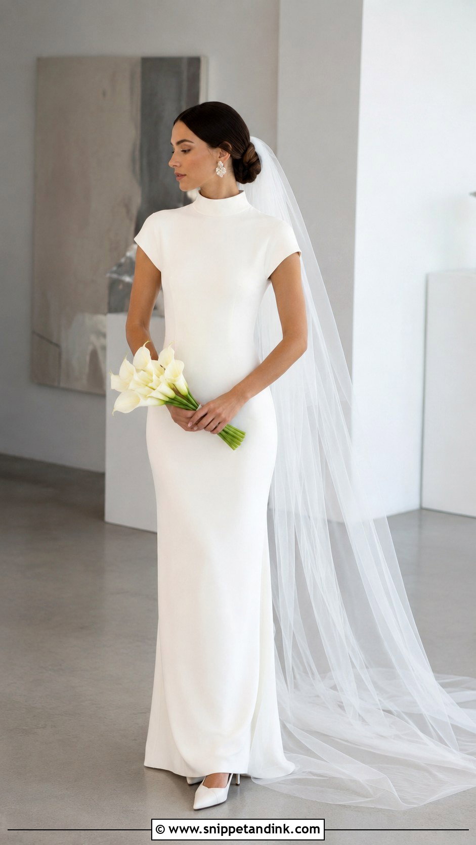 High Neck Short Sleeve Minimalist Sheath Wedding Dress - Snippet and Ink - 20 High Neck Short Sleeve Wedding Dress Ideas