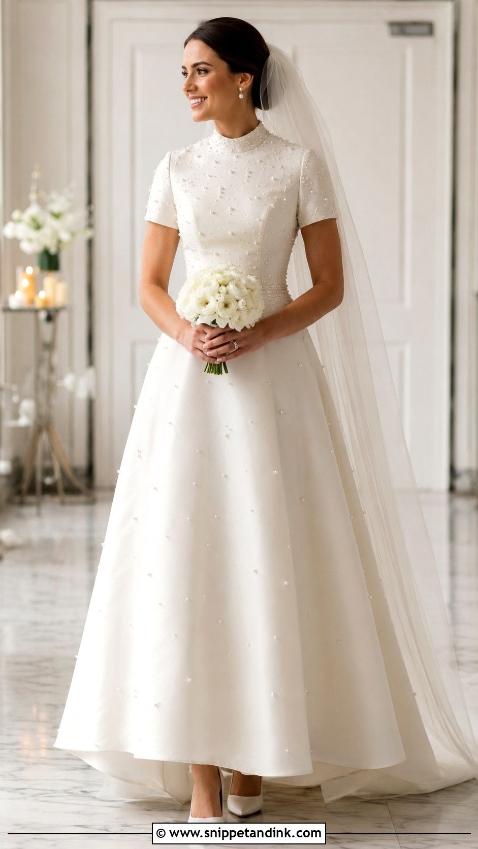 High Neck Short Sleeve Pearl Wedding Dress - Snippet and Ink - 20 High Neck Short Sleeve Wedding Dress Ideas