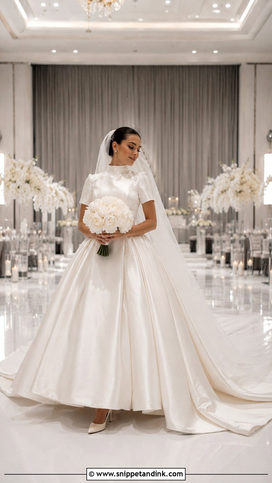 High Neck Short Sleeve Satin Ball Gown Wedding Dress - Snippet and Ink - 20 High Neck Short Sleeve Wedding Dress Ideas