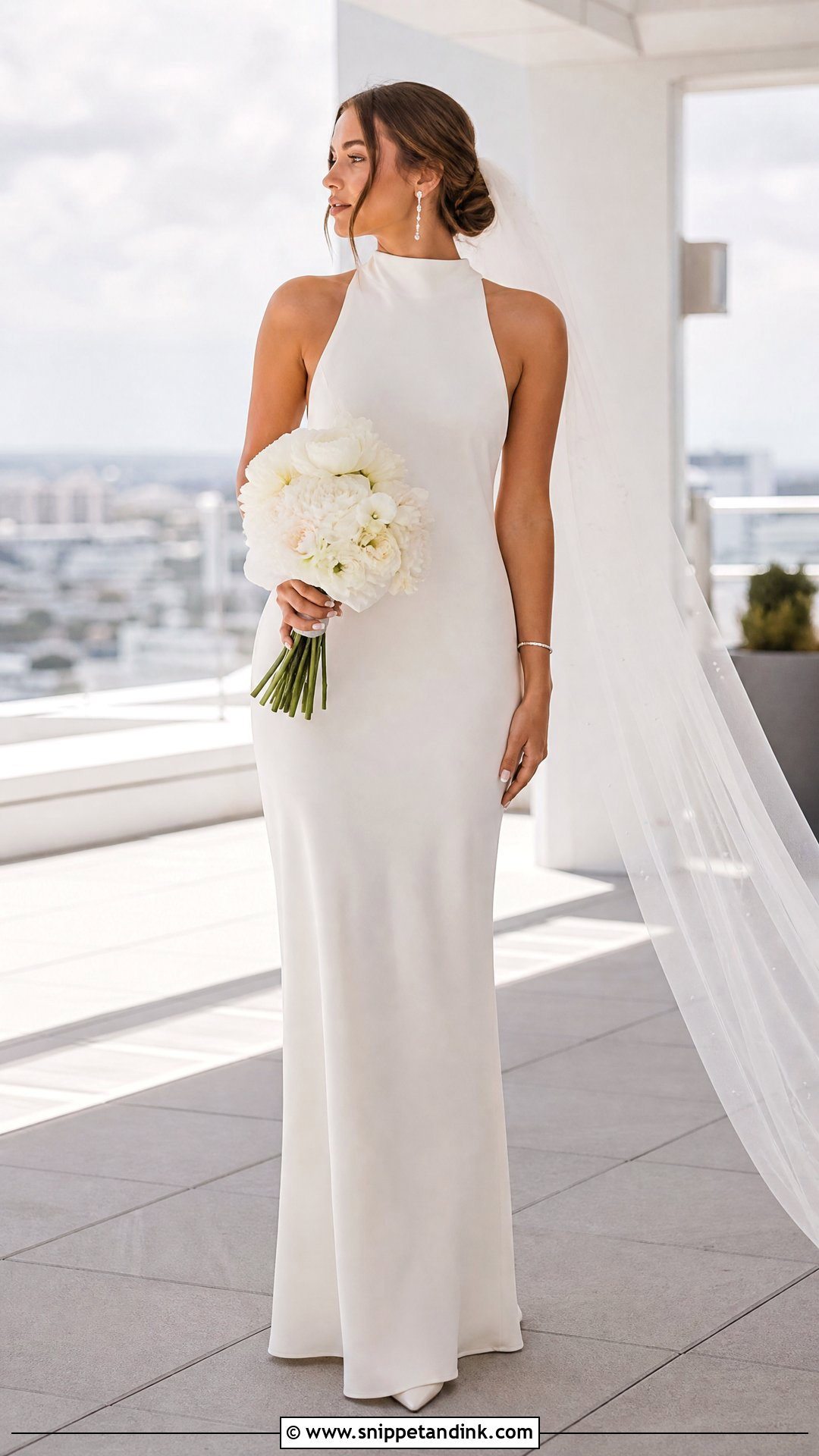 High Neck Silk Slip Wedding Dress With Statement Earrings - Snippet and Ink - 20 Silk Slip Wedding Dress Ideas