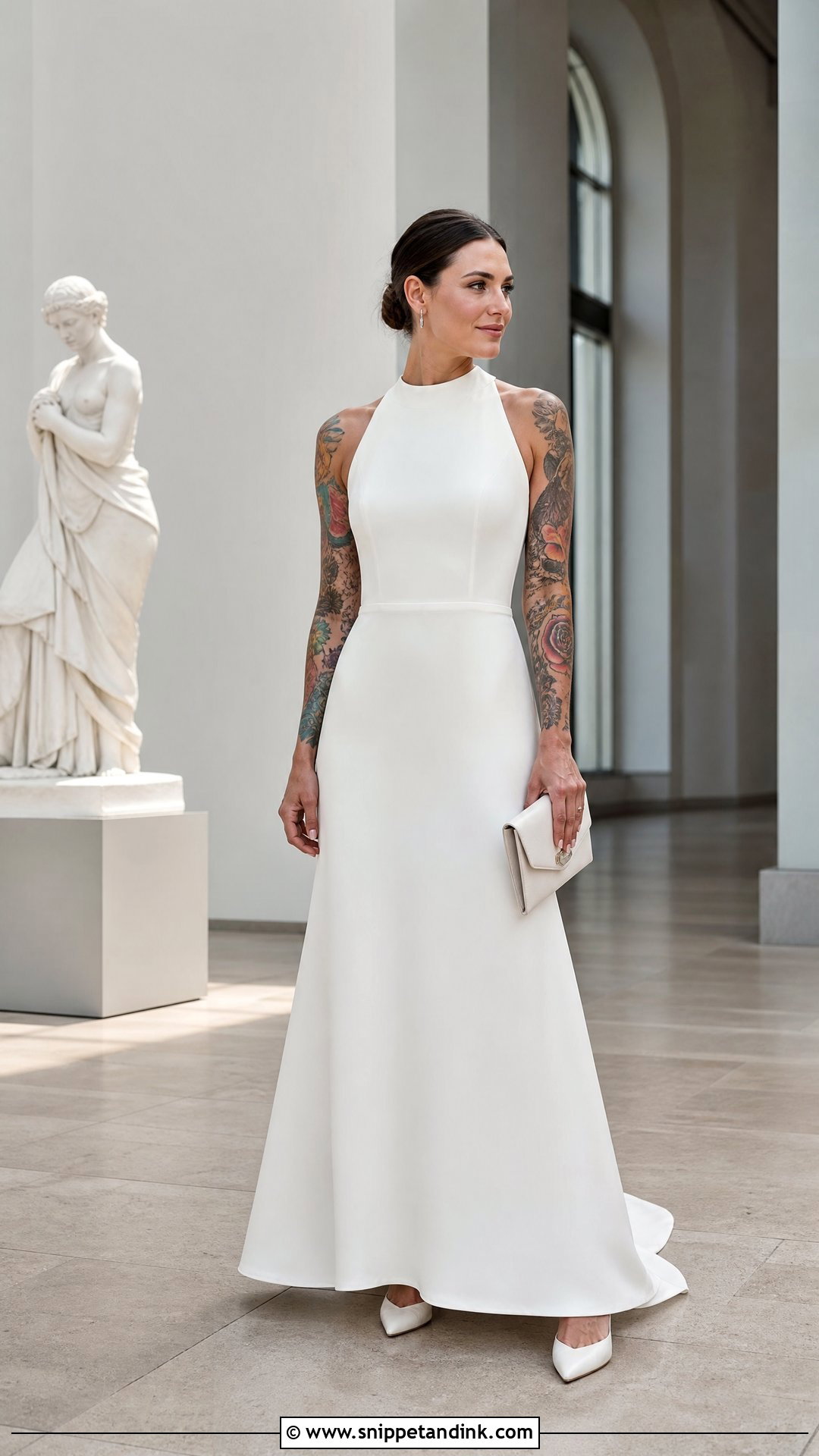 High Neck Sleeveless Wedding Dress With Arm Tattoos - Snippet and Ink - 20 Wedding Dress with Tattoos Brides Ideas