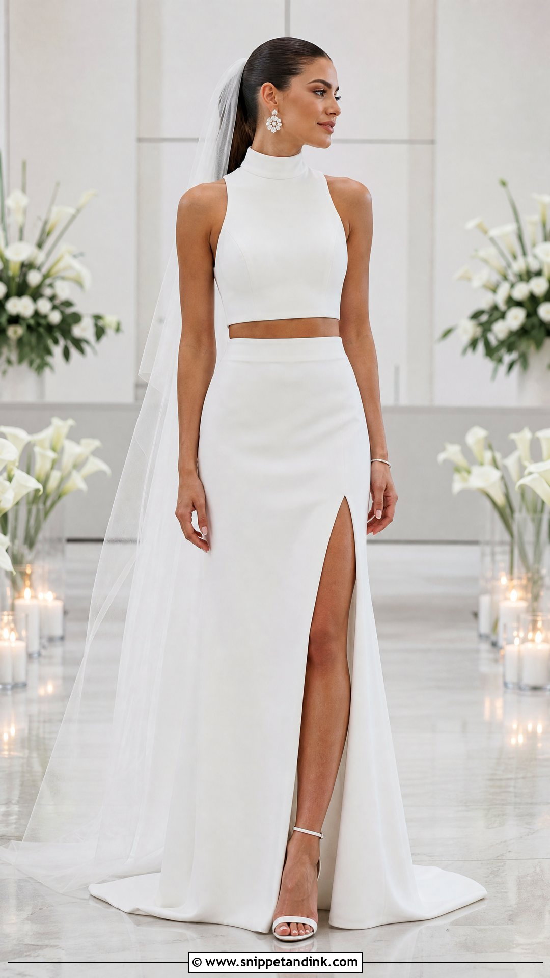High Neck Top And Slit Skirt Two Piece Wedding Dress - Snippet and Ink - 20 Wedding Two Piece Dress Ideas