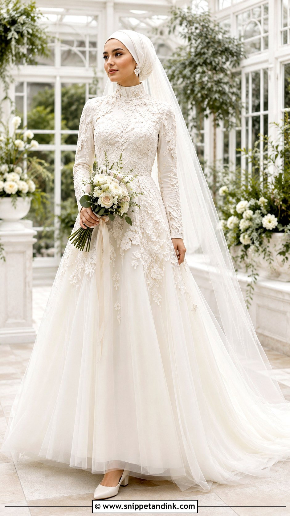 High Neck Tulle Gown With Bridal Hijab - Snippet and Ink - 20 Bridal with Hijab Ideas