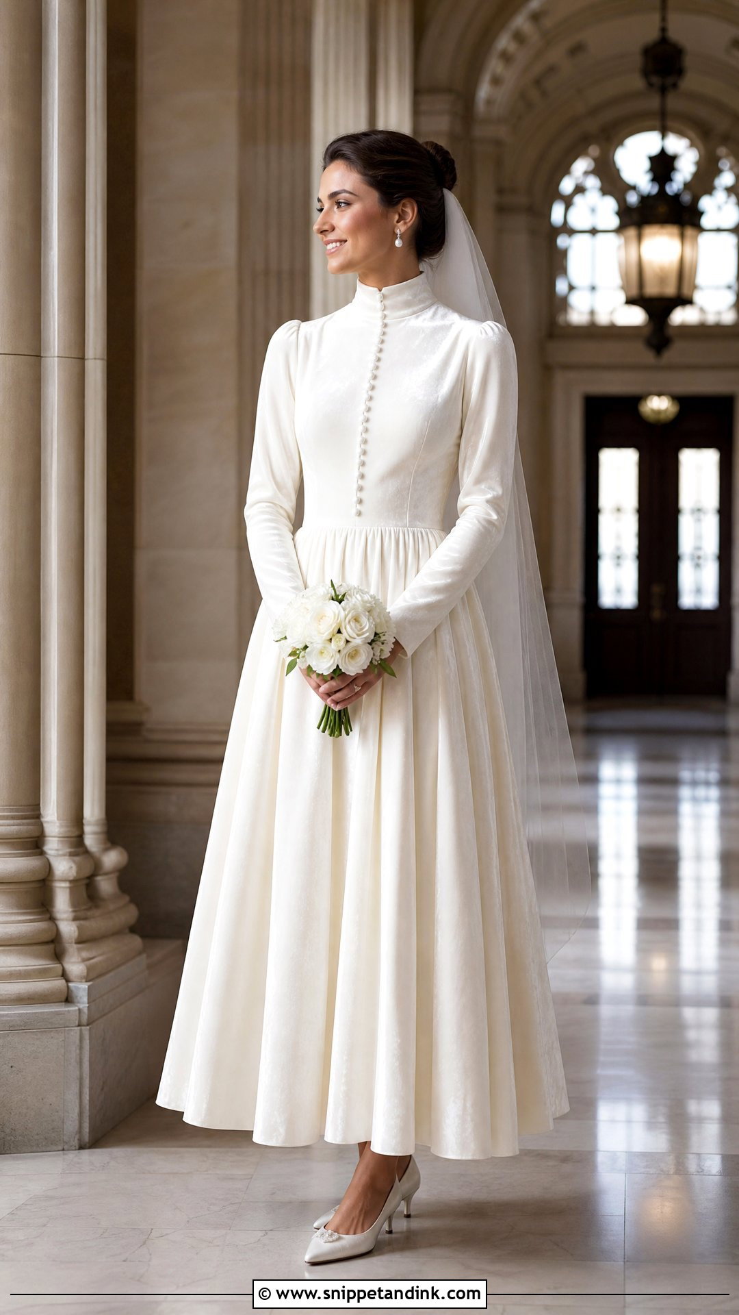 High Neck Velvet Bridal Dress With Buttons - Snippet and Ink - 20 Velvet Bridal Dress Ideas