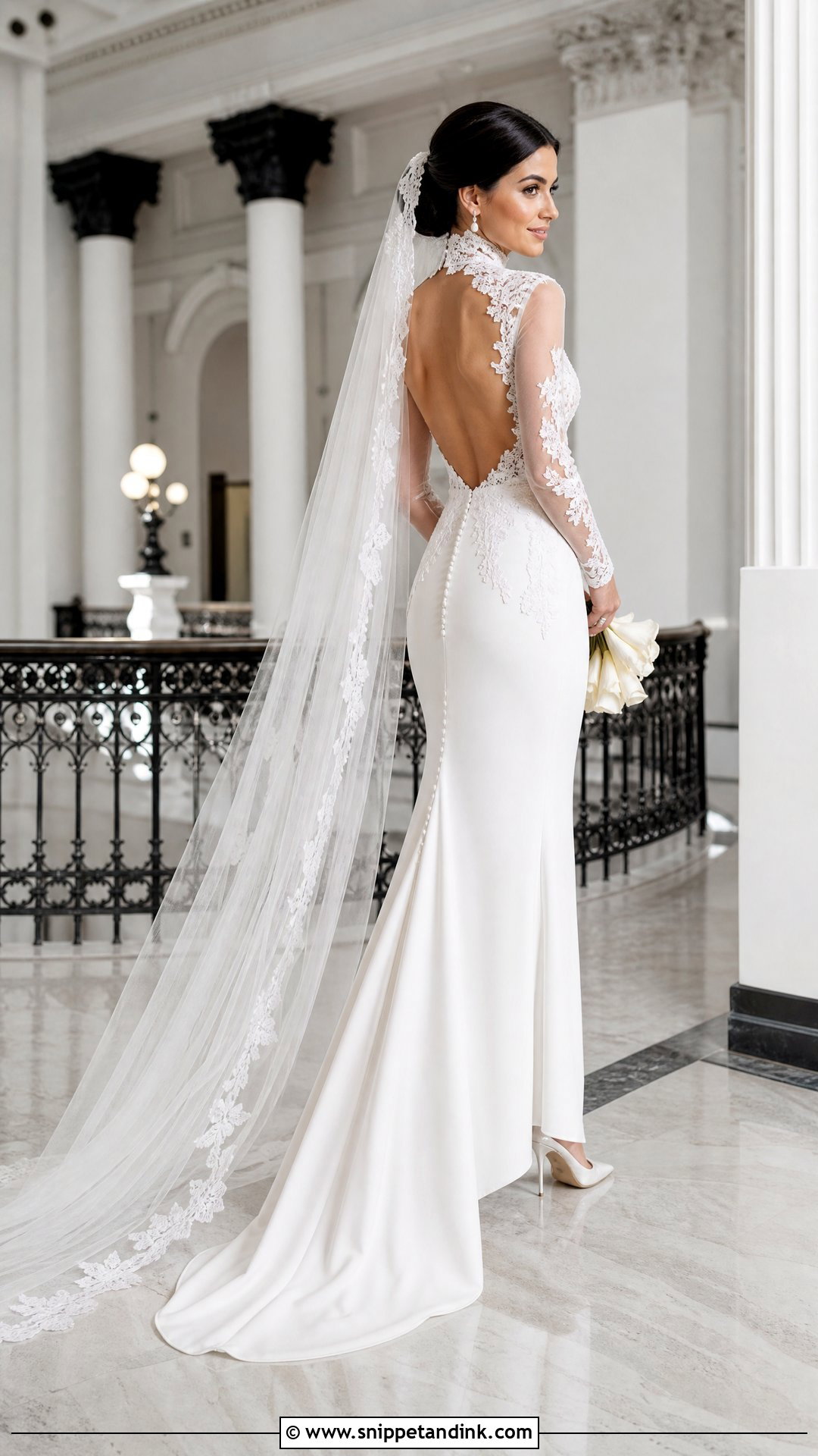 High Neck Wedding Dress Topper With Backless Gown - Snippet and Ink - 20 Wedding Dress Topper Long Sleeve Ideas
