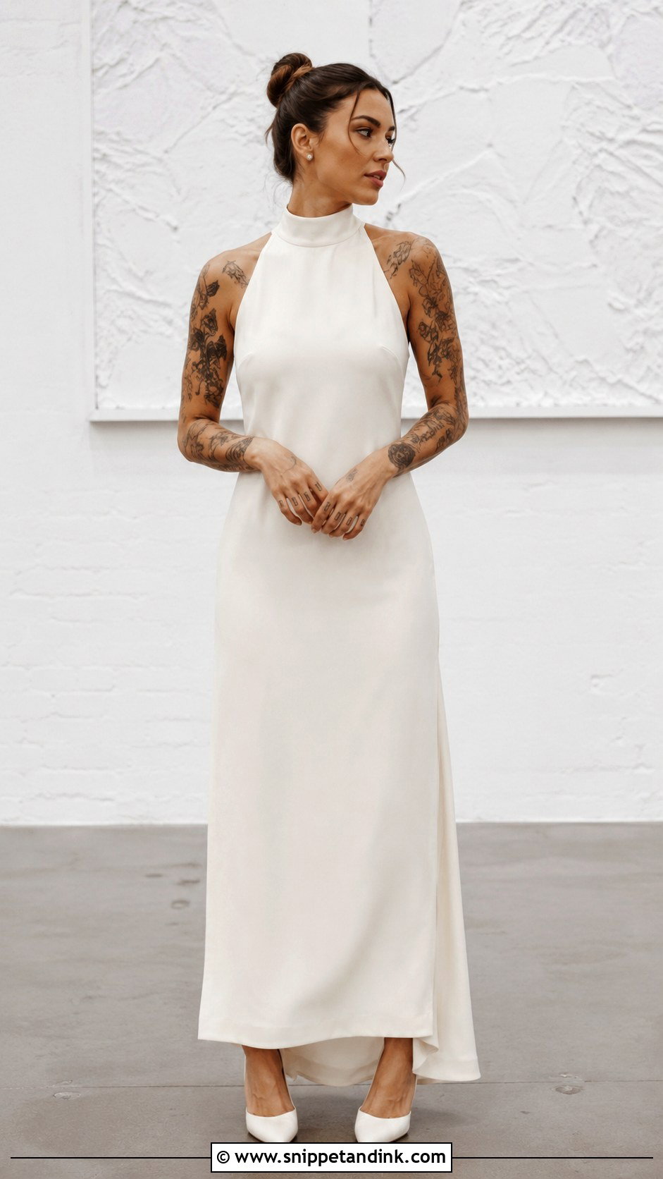 High Neck Wedding Dress With Arm Tattoos - Snippet and Ink - 25 Wedding Dress with Tattoos Ideas