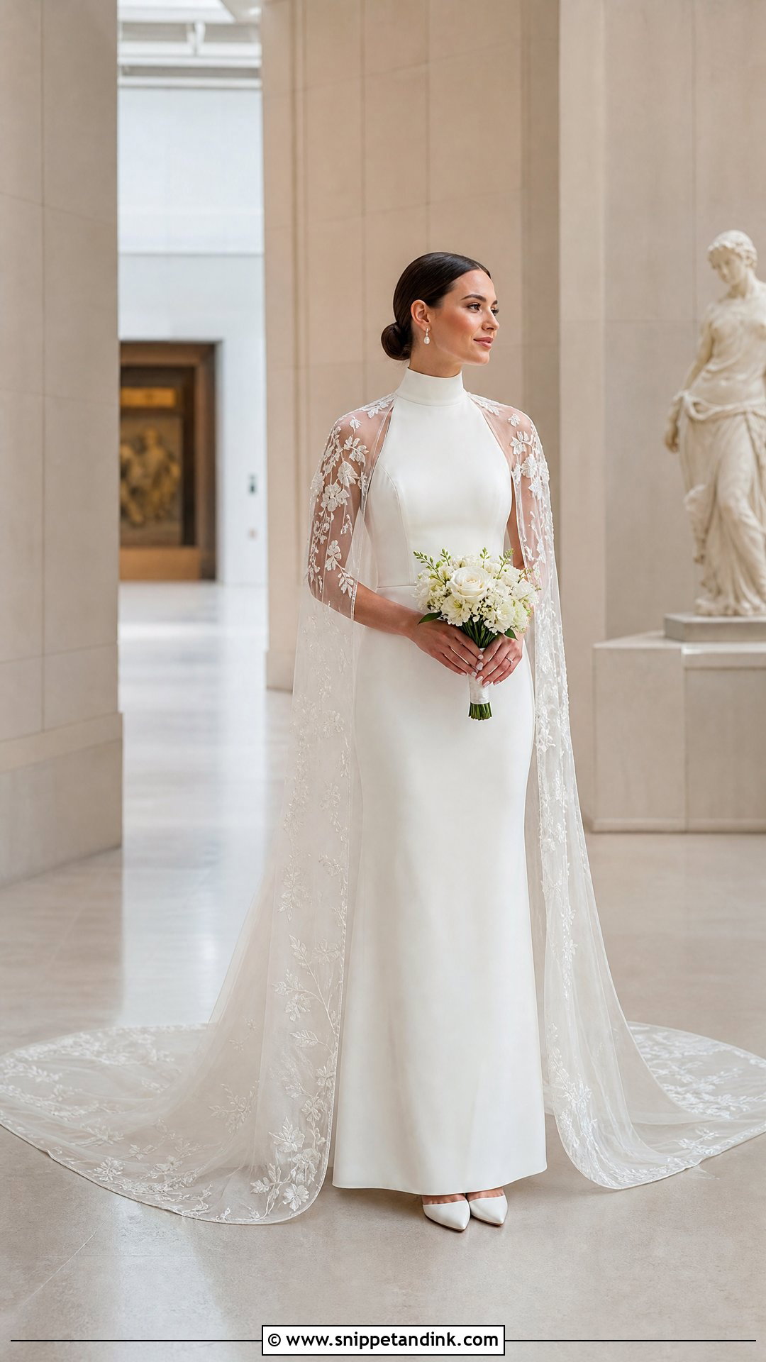 High Neck Wedding Dress With Chapel Watteau Train - Snippet and Ink - 20 Wedding Dress Train Lengths Ideas