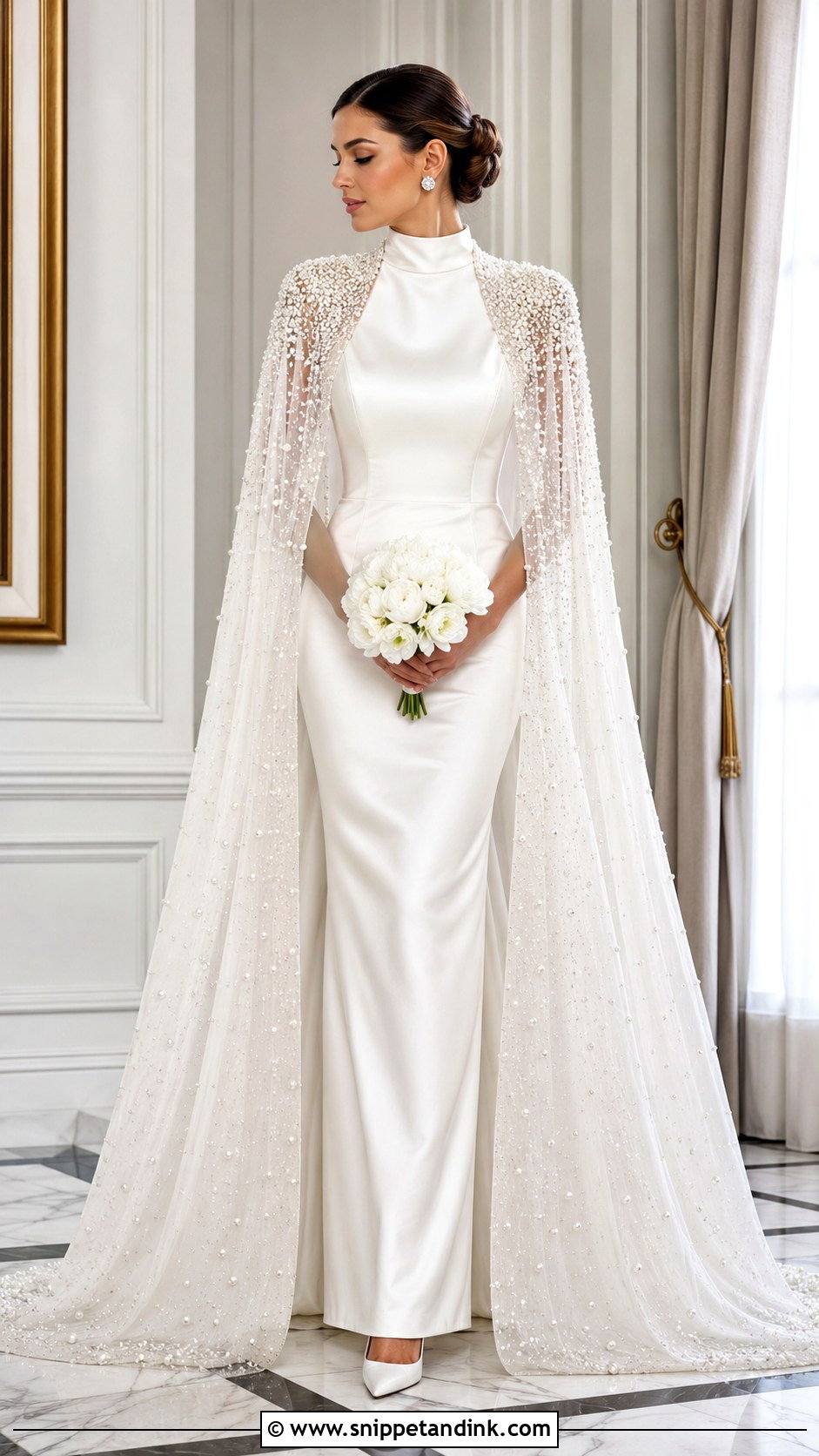 High Neck Wedding Dress With Detachable Beaded Cape - Snippet and Ink - 20 Detachable Cape Wedding Dress Ideas