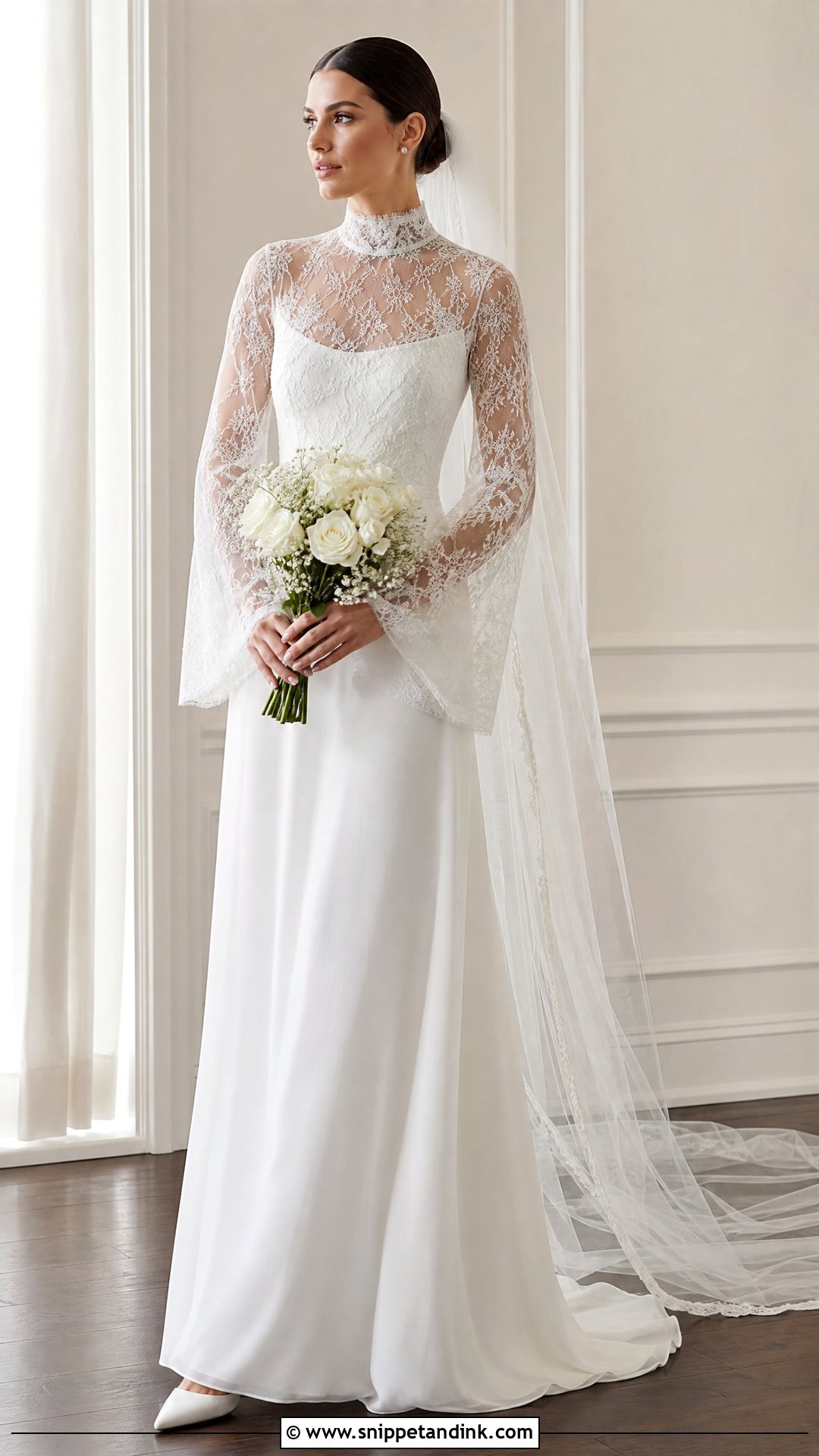 High Neck Wedding Dress With Flowing Lace Sleeves - Snippet and Ink - 20 Wedding Dresses Flowy Sleeves