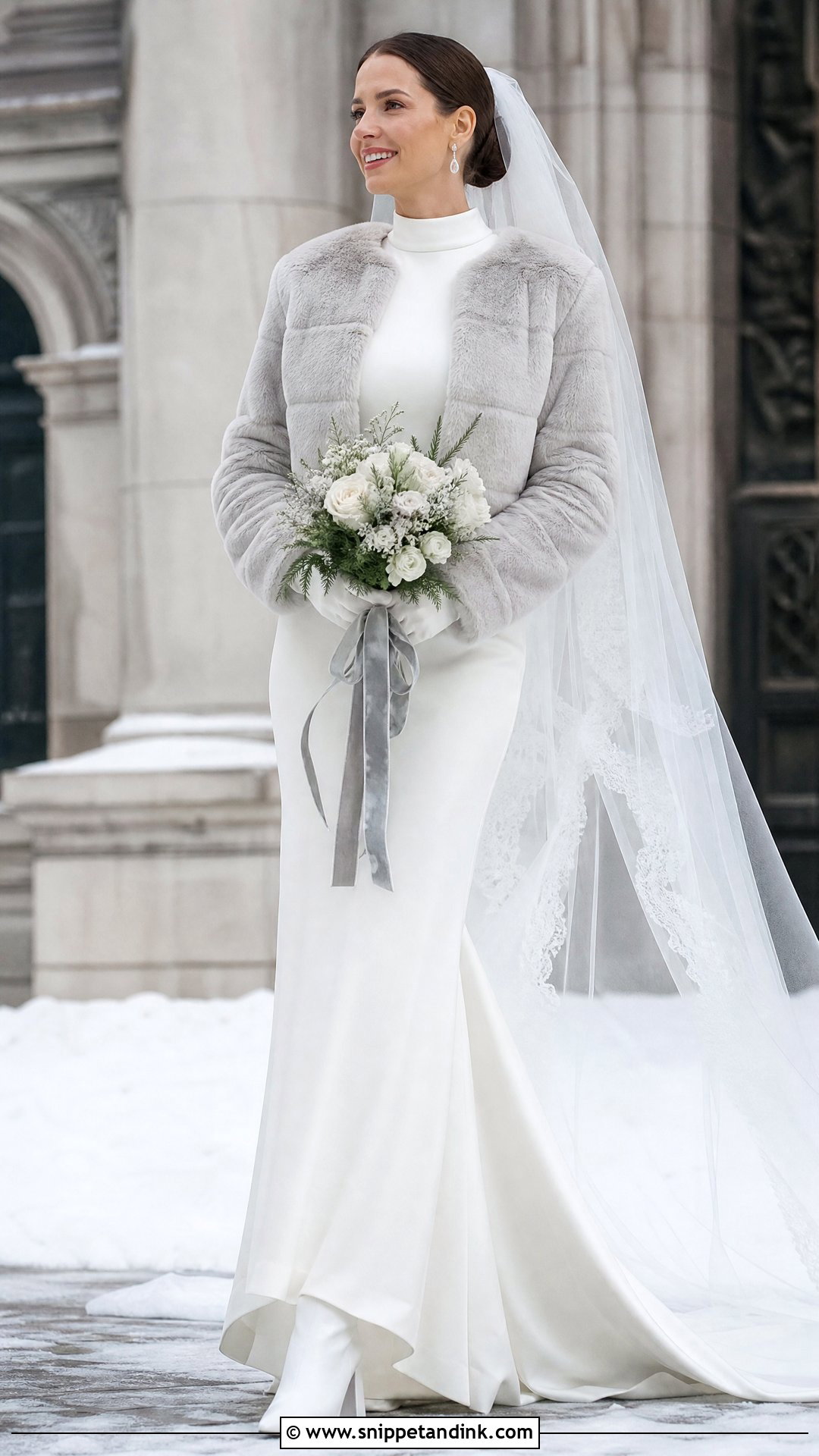 High Neck Wedding Dress With Gray Fur Coat - Snippet and Ink - 20 Wedding Dress with Fur Coat Ideas