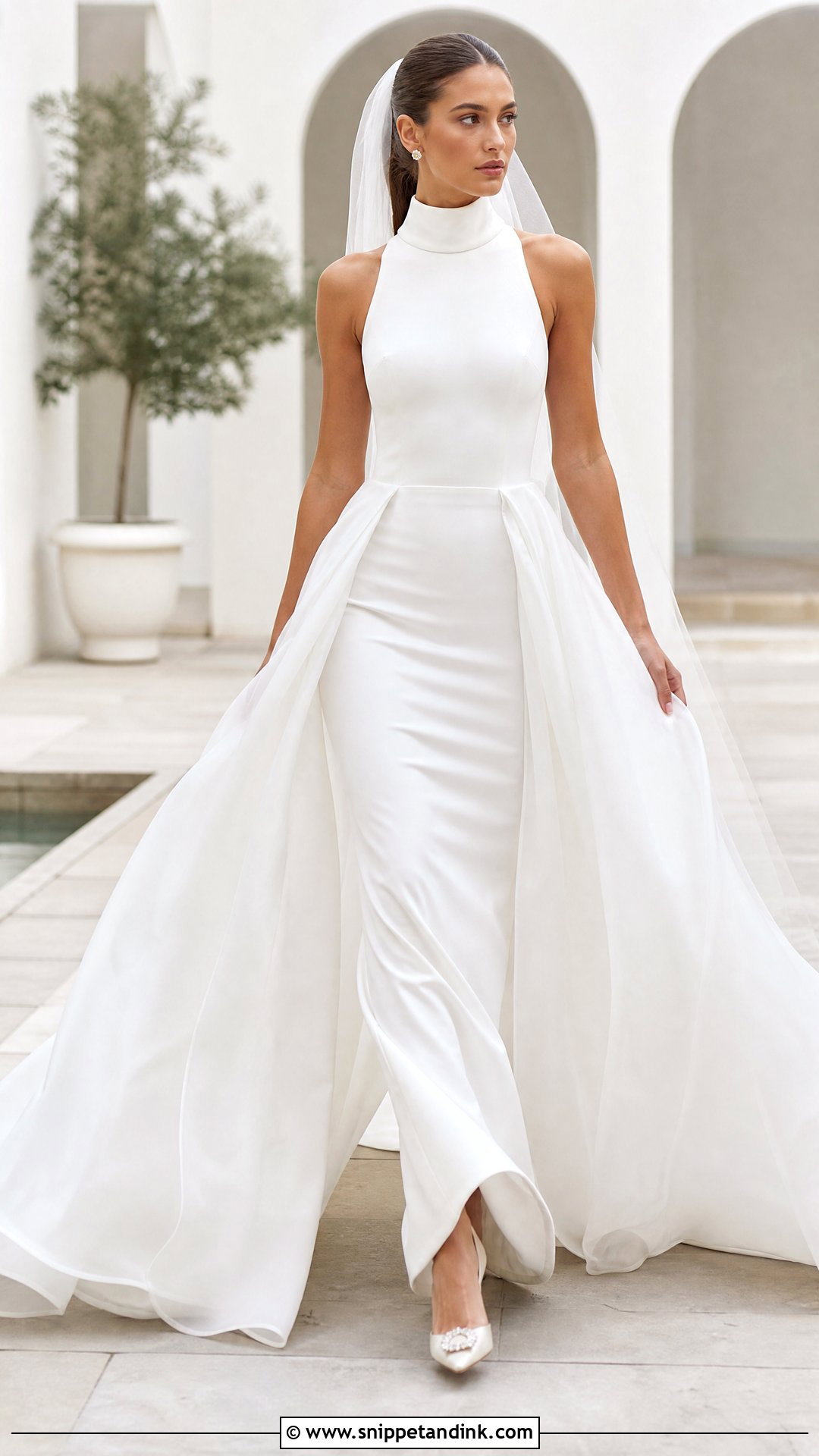 High Neck Wedding Dress With Open Front Overskirt - Snippet and Ink - 20 Removable Skirt Wedding Dress Ideas
