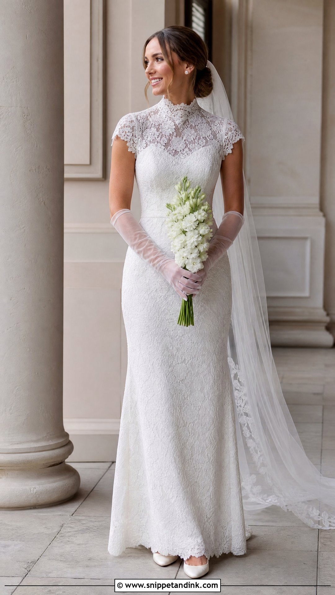 High Neck Wedding Dress With Sheer Gloves - Snippet and Ink - 20 Wedding Dress and Gloves Ideas