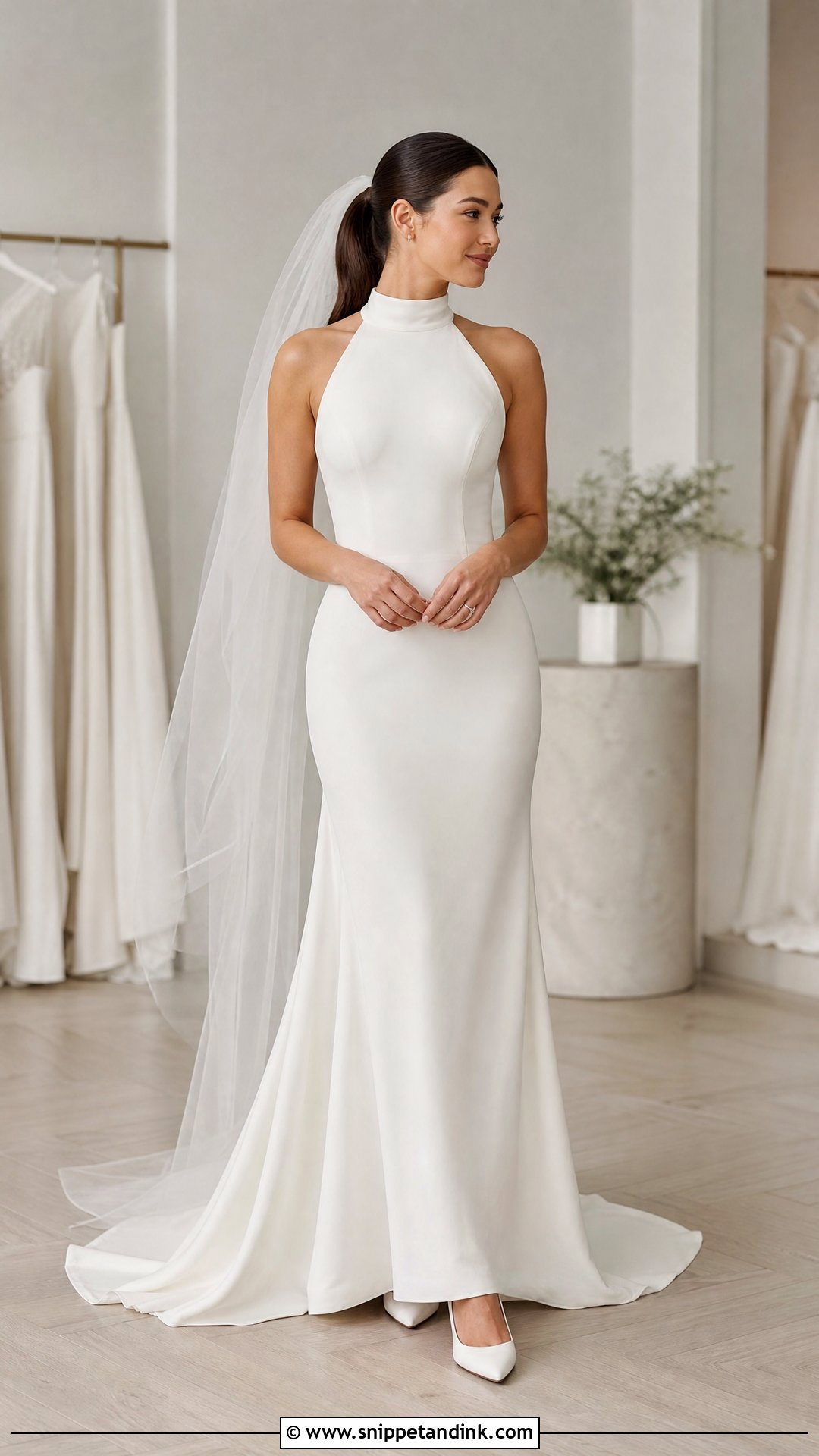 High Neck Wedding Dress With Sleek Ponytail - Snippet and Ink - 20 Trying on Wedding Dresses